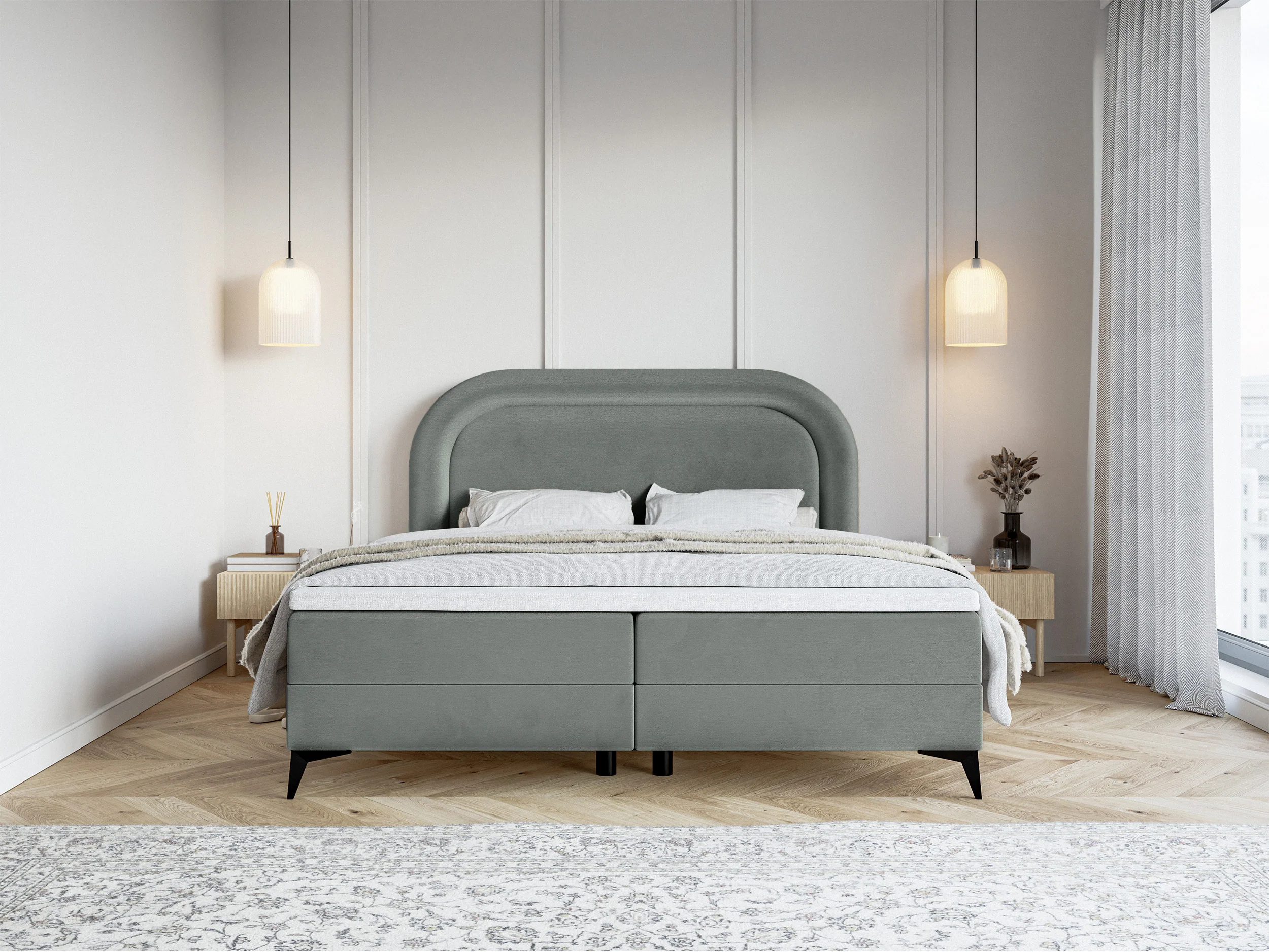Łóżko kontynentalne 140x200 cm Loreo z topperem i pojemnikami szare welur hydrofobowy - Image 3