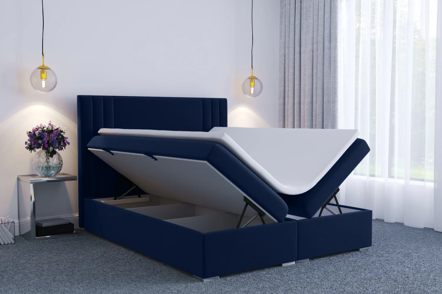 Łóżko kontynentalne 140x200 cm Monder z pojemnikami i topperem granatowe welur hydrofobowy - Image 2