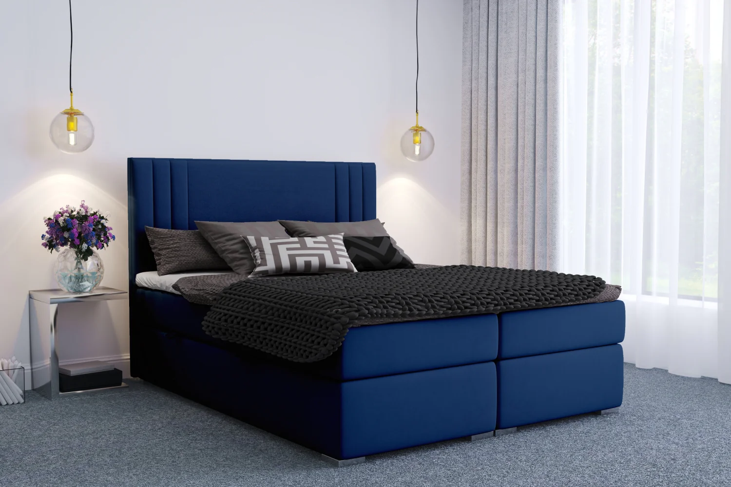 Łóżko kontynentalne 140x200 cm Monder z pojemnikami i topperem granatowe welur hydrofobowy - Image 3