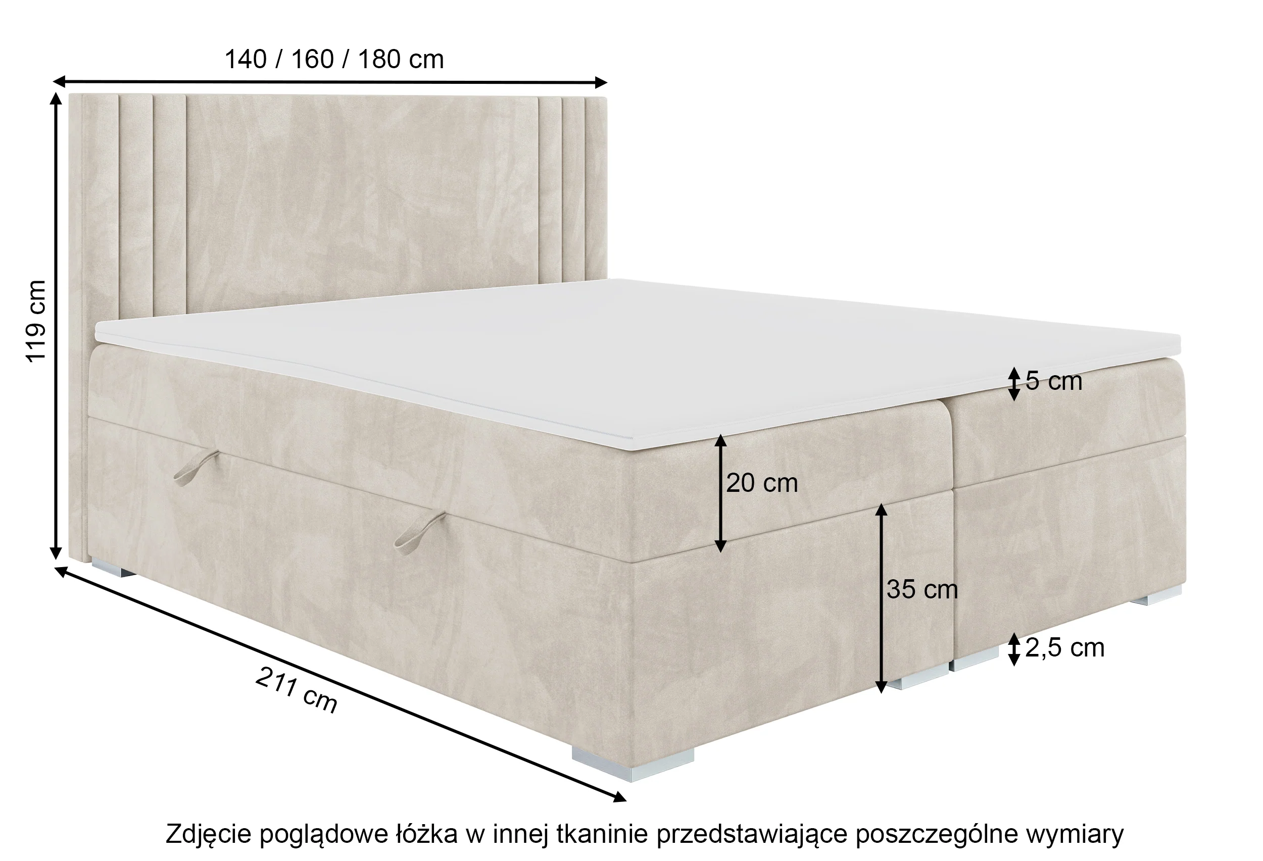 Łóżko kontynentalne 140x200 cm Monder z pojemnikami i topperem granatowe welur hydrofobowy - Image 9