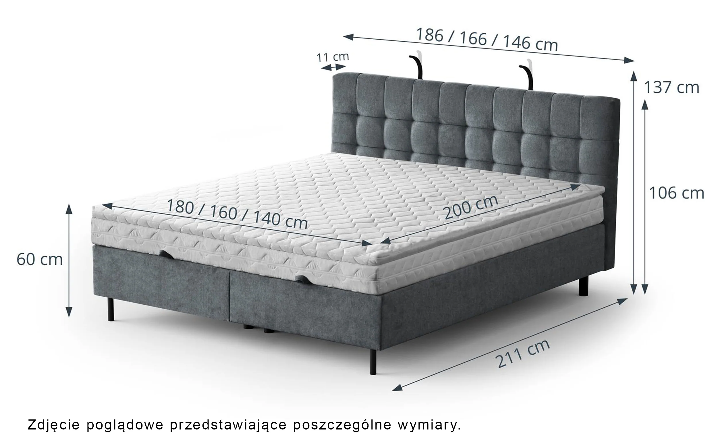 Łóżko kontynentalne 140x200 cm Muna z pojemnikiem i oświetleniem LED jasnoszare welur - Image 8