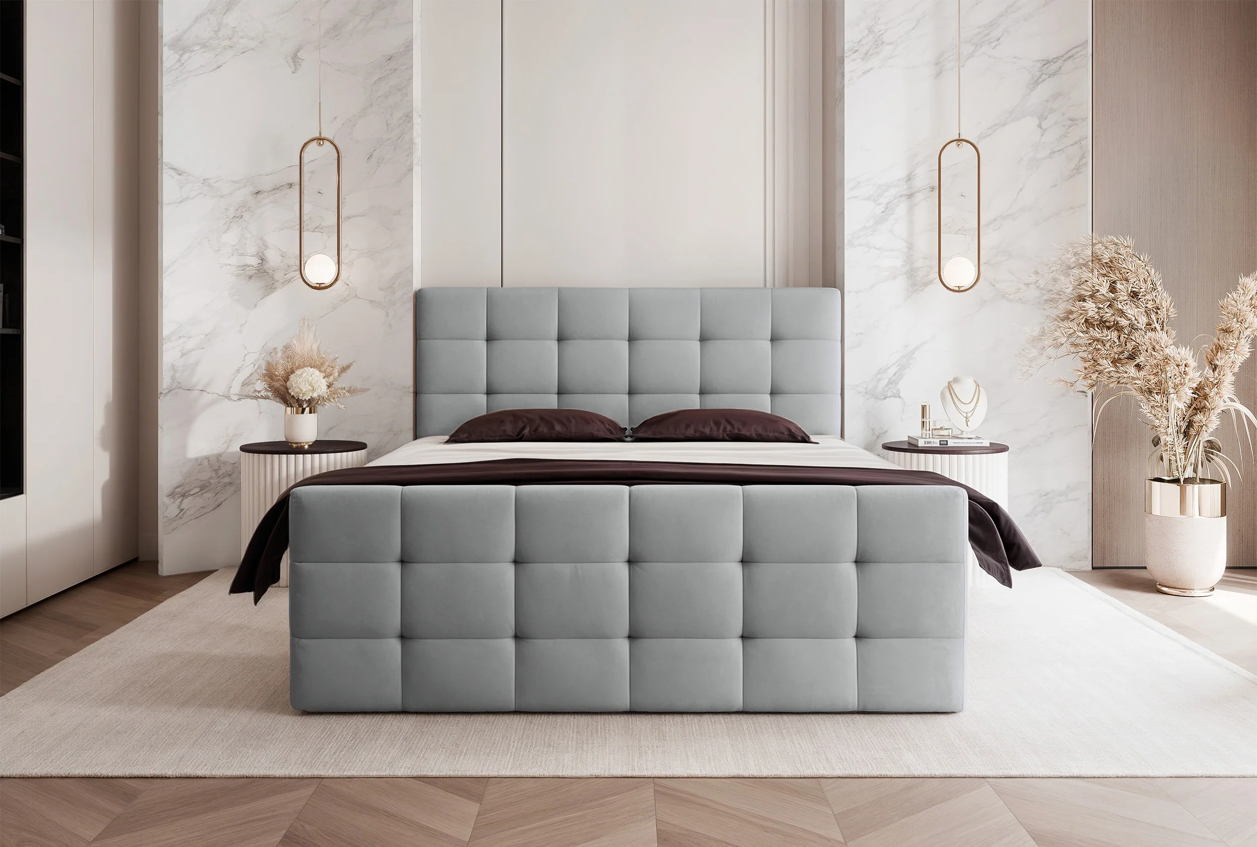 Łóżko kontynentalne 140x200 cm Padwa z pojemnikami i topperem szare welur - Image 2