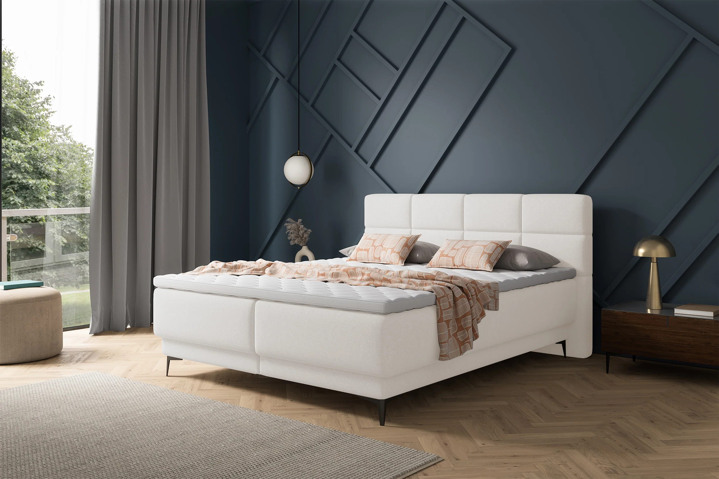Łóżko kontynentalne 140x200 cm Rektango z pojemnikiem i topperem kremowy welur - Image 2