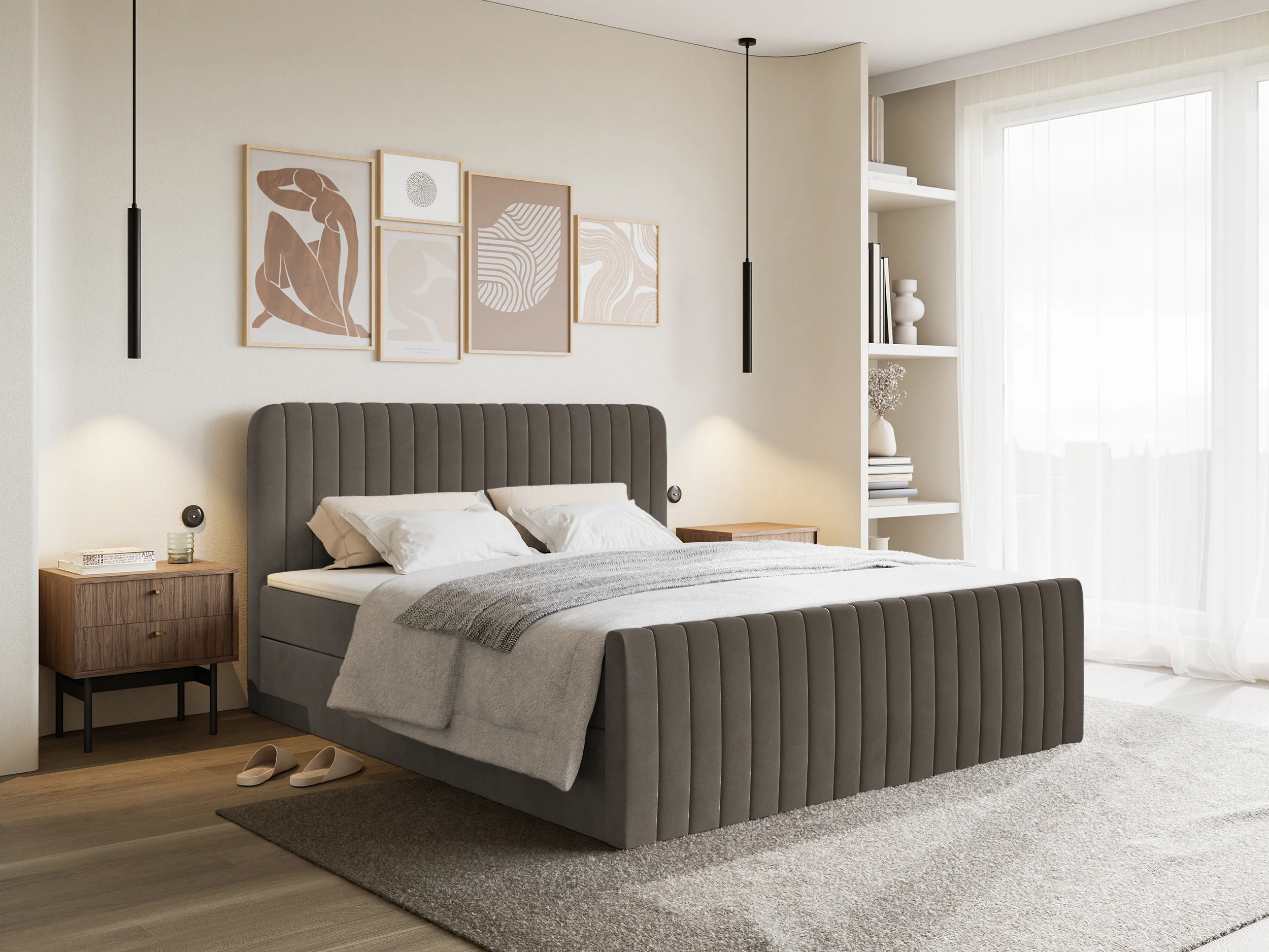 Łóżko kontynentalne 140x200 cm Saliano z pojemnikami i topperem brązowe welur - Image 2