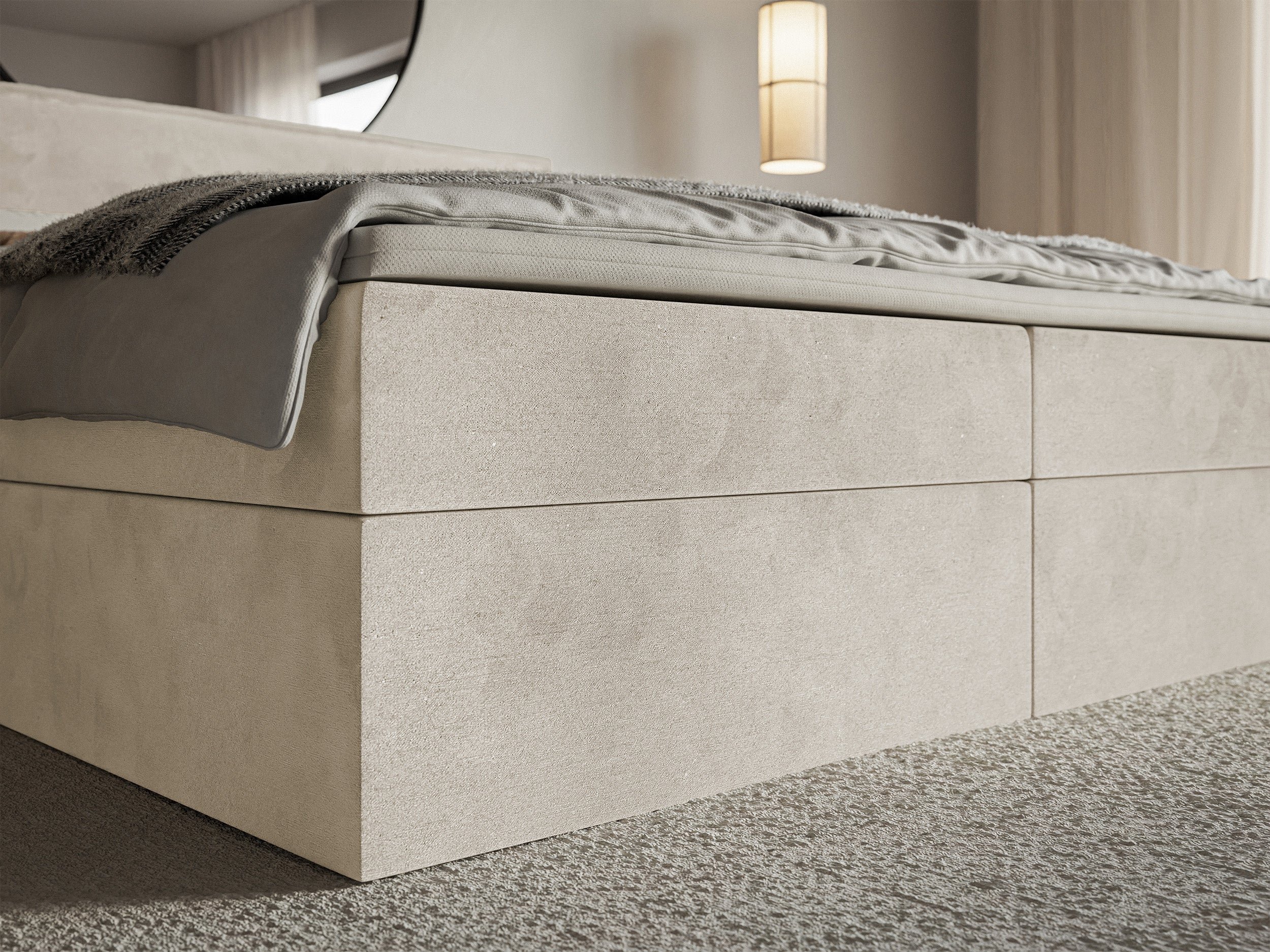 Łóżko kontynentalne 140x200 cm Softie z pojemnikami i topperem beżowe welur hydrofobowy - Image 5