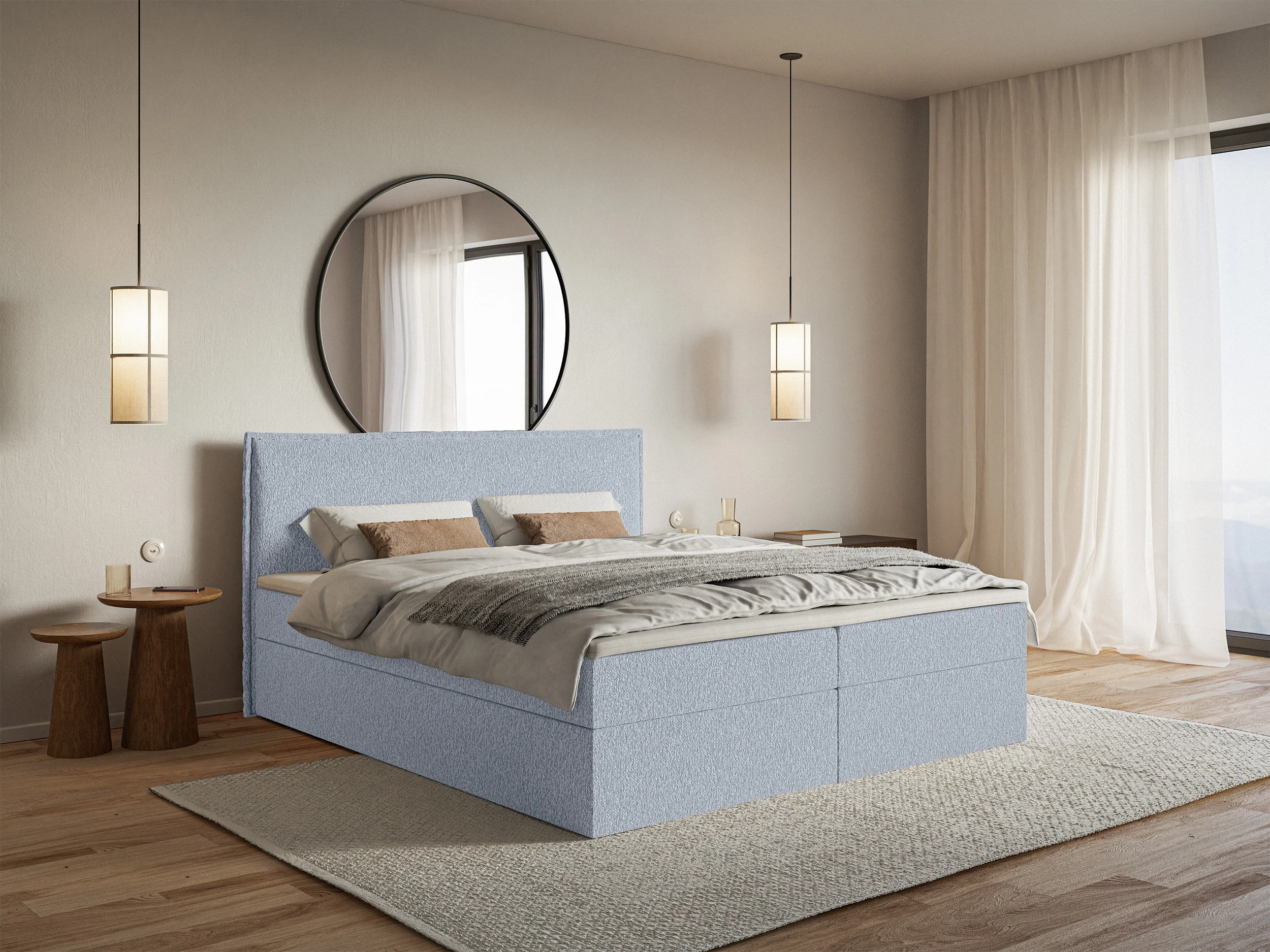 Łóżko kontynentalne 140x200 cm Softie z pojemnikami i topperem błękitne szenil - Image 2
