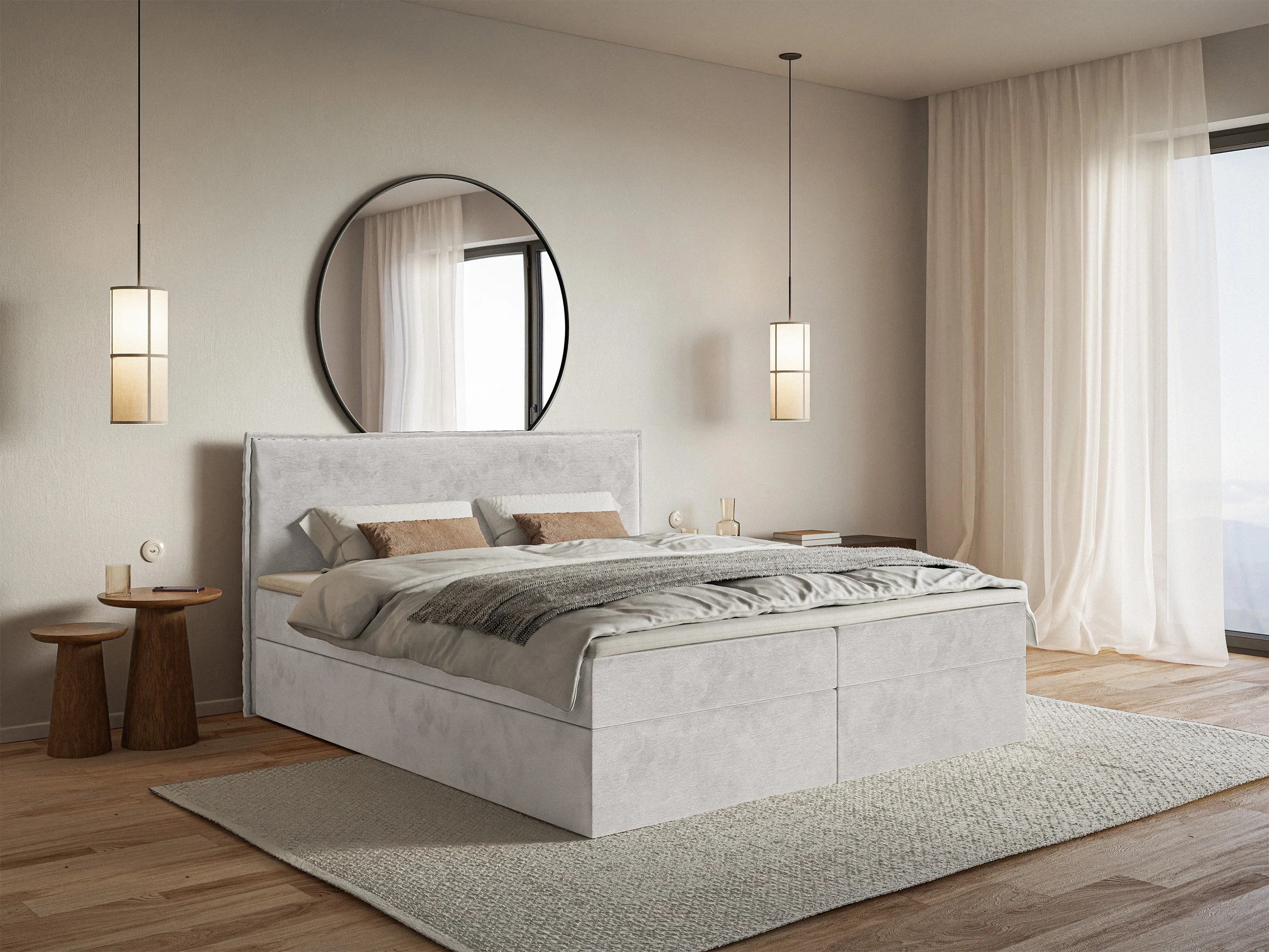 Łóżko kontynentalne 140x200 cm Softie z pojemnikami i topperem jasnoszare welur hydrofobowy - Image 2
