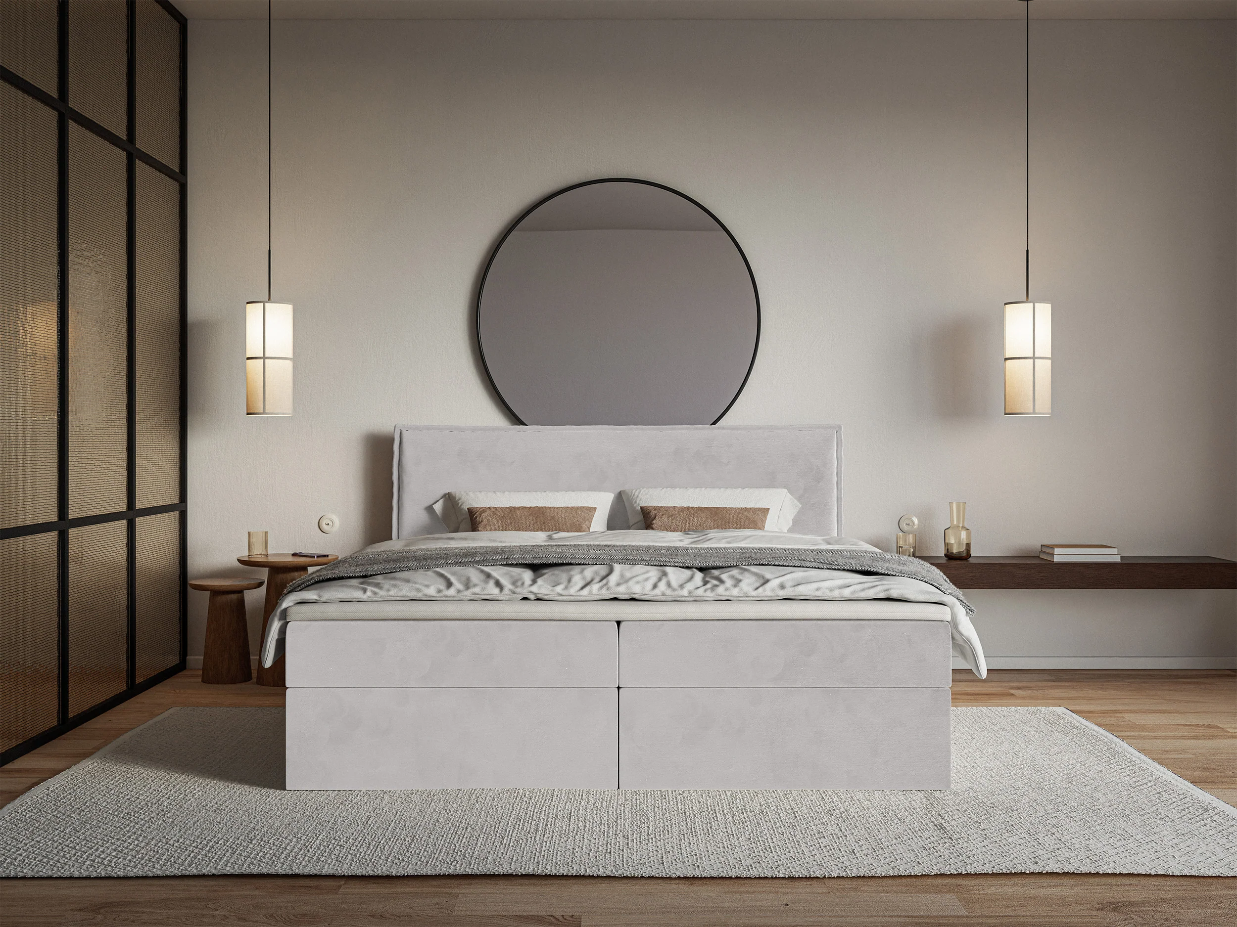 Łóżko kontynentalne 140x200 cm Softie z pojemnikami i topperem jasnoszare welur hydrofobowy - Image 3