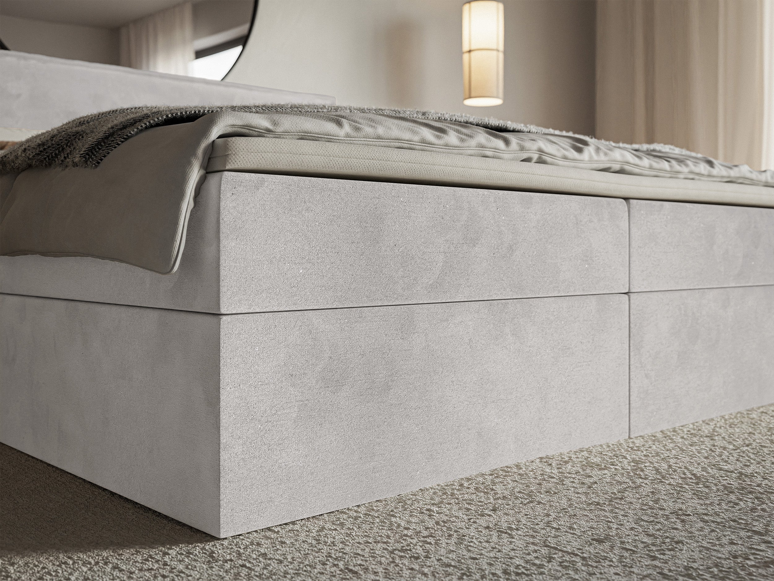 Łóżko kontynentalne 140x200 cm Softie z pojemnikami i topperem jasnoszare welur hydrofobowy - Image 5