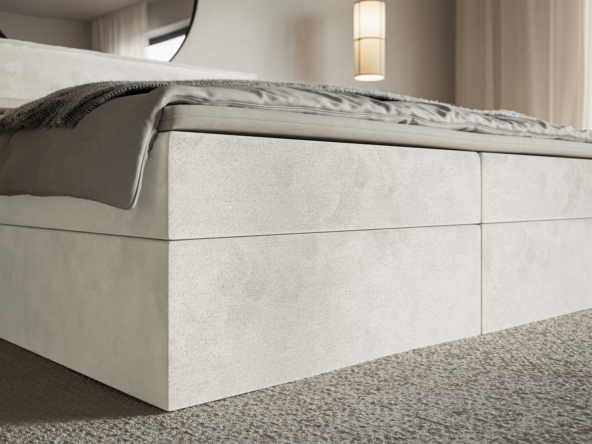 Łóżko kontynentalne 140x200 cm Softie z pojemnikami i topperem szarobeżowe welur hydrofobowy - Image 5