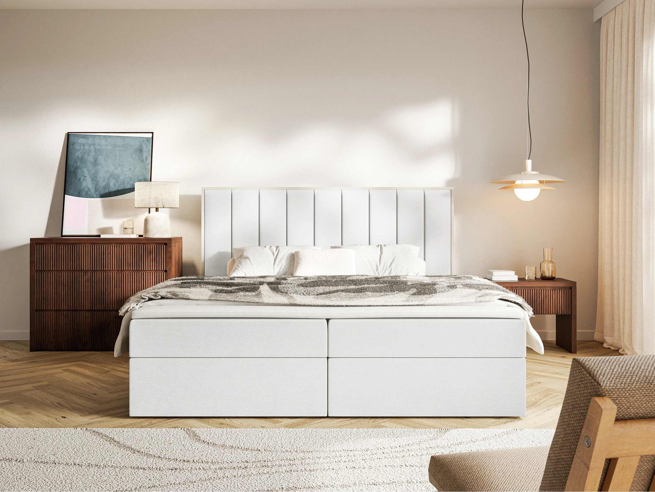 Łóżko kontynentalne 140x200 cm Togents z pojemnikami i topperem białe welur hydrofobowy - Image 3