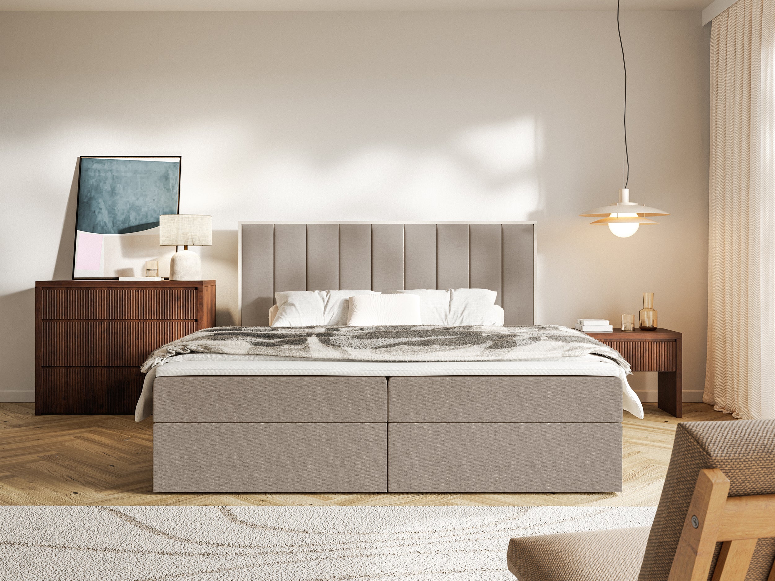 Łóżko kontynentalne 140x200 cm Togents z pojemnikami i topperem brązowe szenil hydrofobowy - Image 3