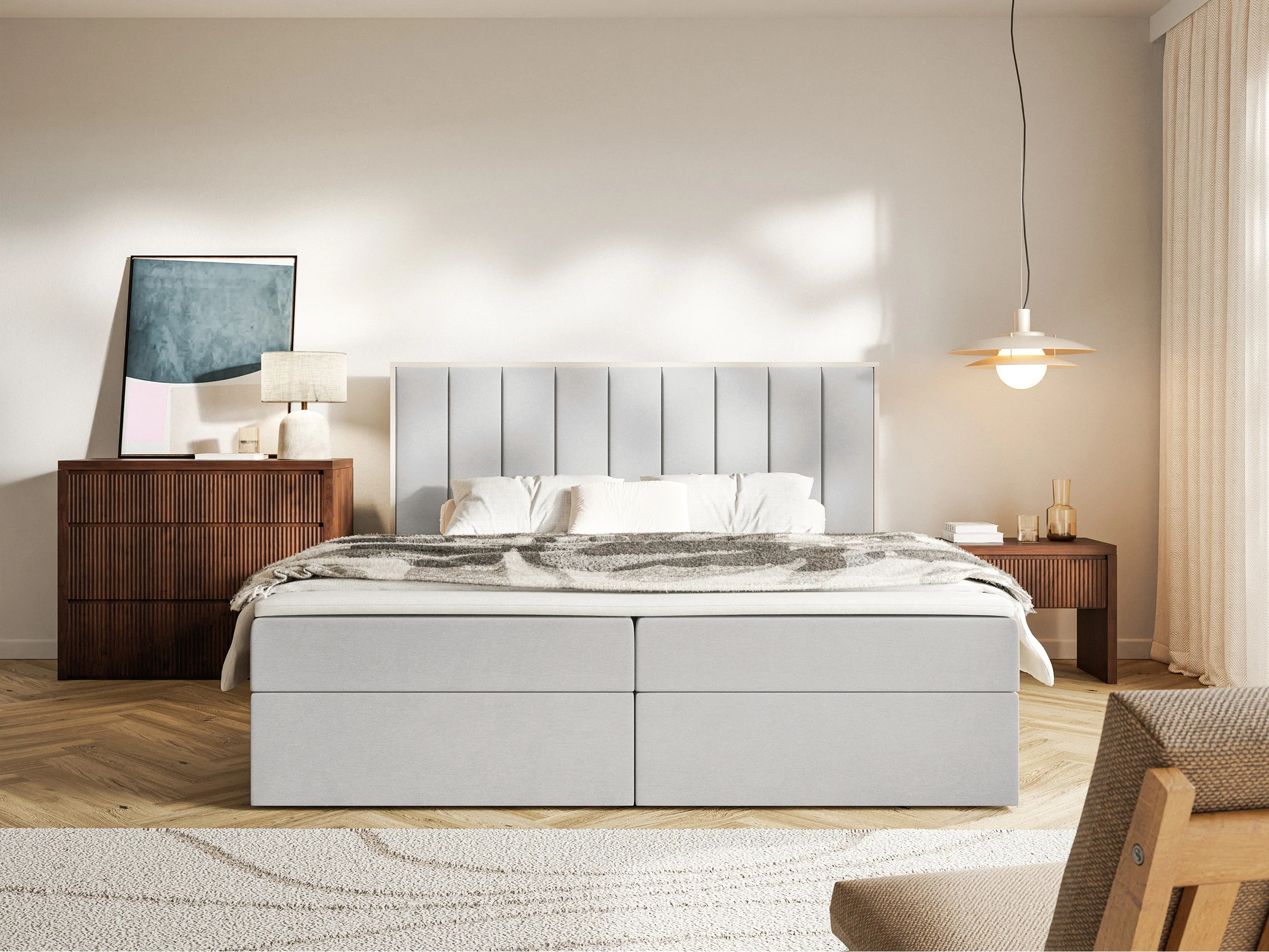 Łóżko kontynentalne 140x200 cm Togents z pojemnikami i topperem jasnoszare welur hydrofobowy - Image 3