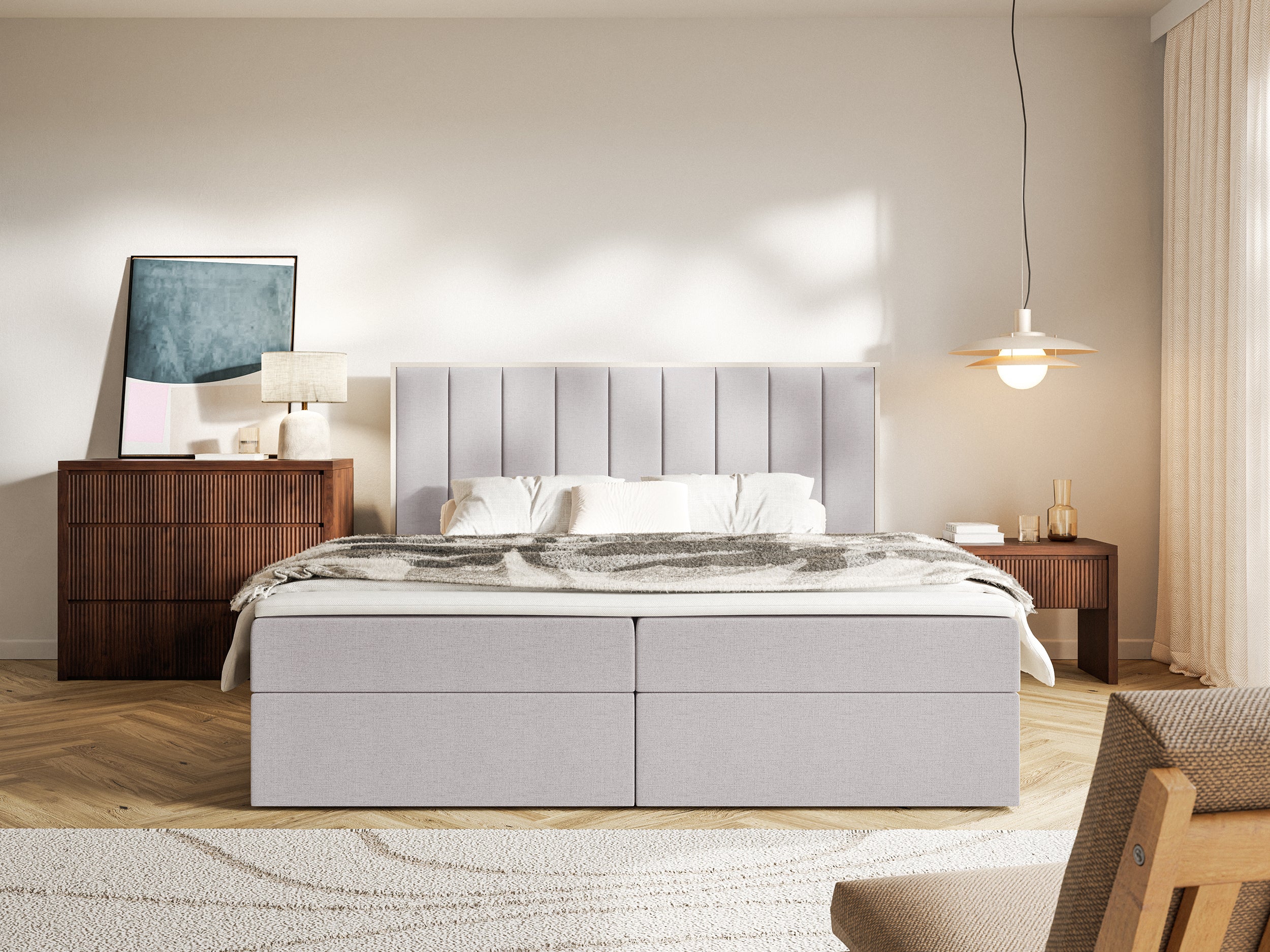 Łóżko kontynentalne 140x200 cm Togents z pojemnikami i topperem szare szenil hydrofobowy - Image 3