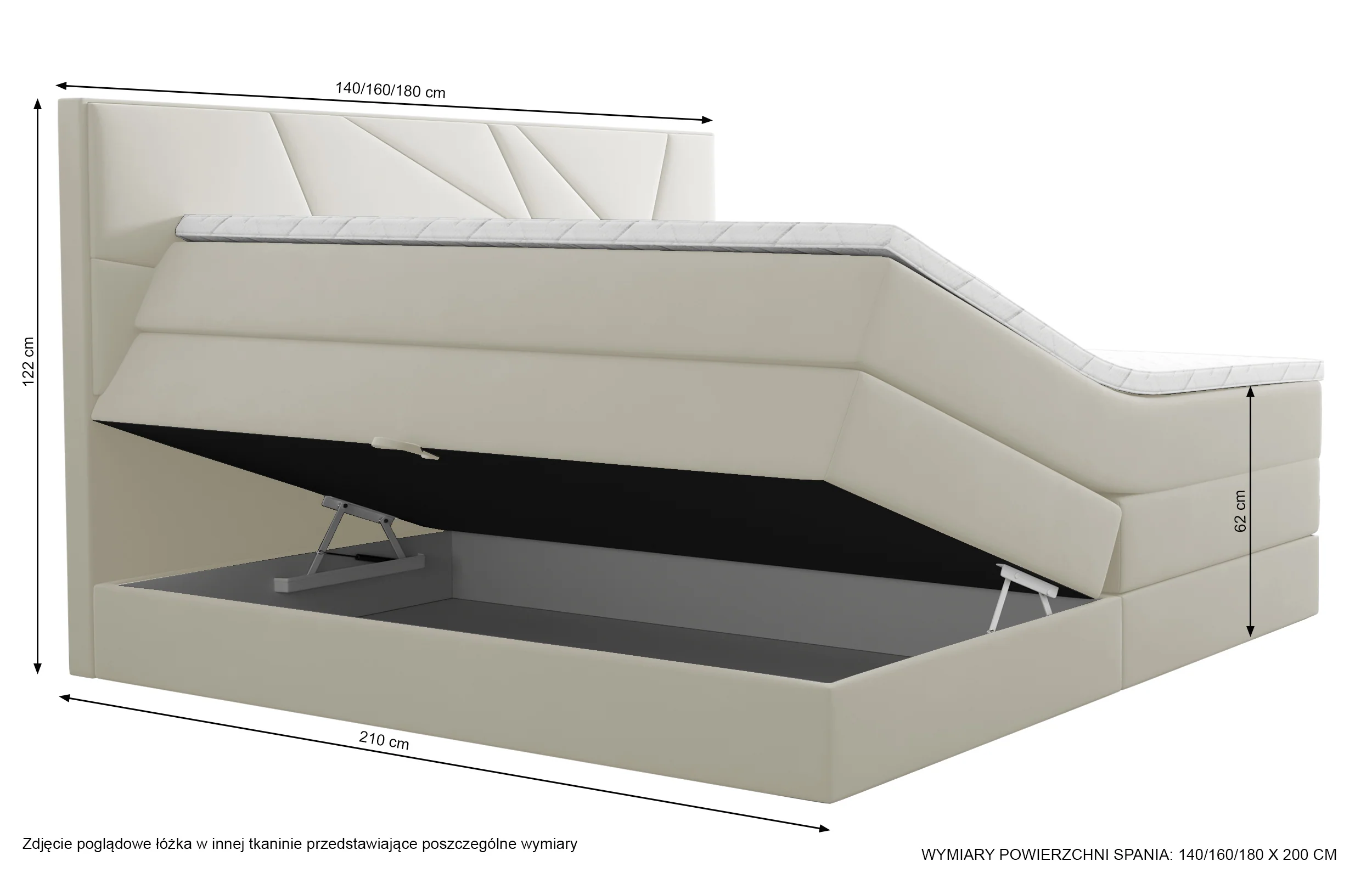 Łóżko kontynentalne 140x200 cm Vendes z pojemnikami materacami bonnellowymi i kieszeniowym kremowe welur hydrofobowy - Image 5