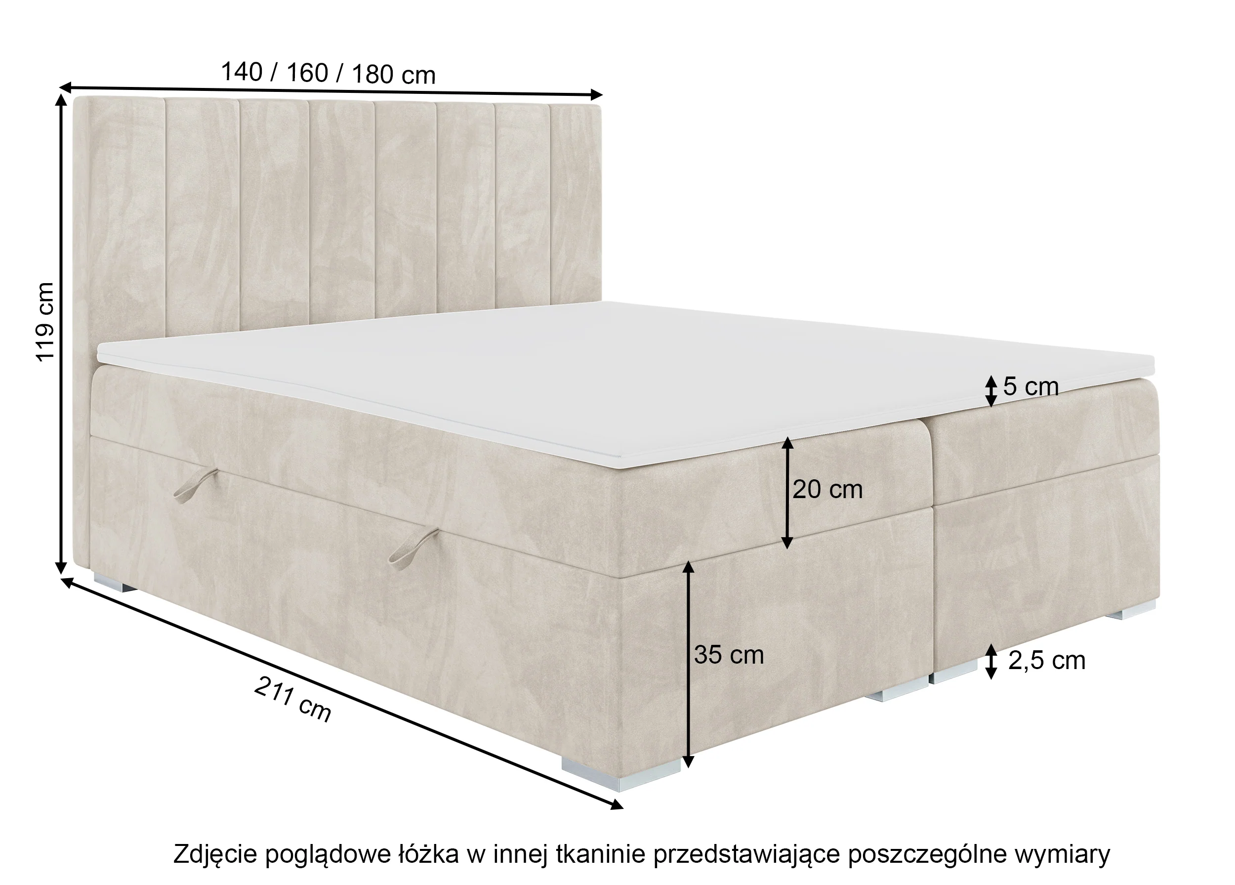 Łóżko kontynentalne 160x200 cm Alenna z pojemnikami i topperem ciemnoszare welur hydrofobowy - Image 4