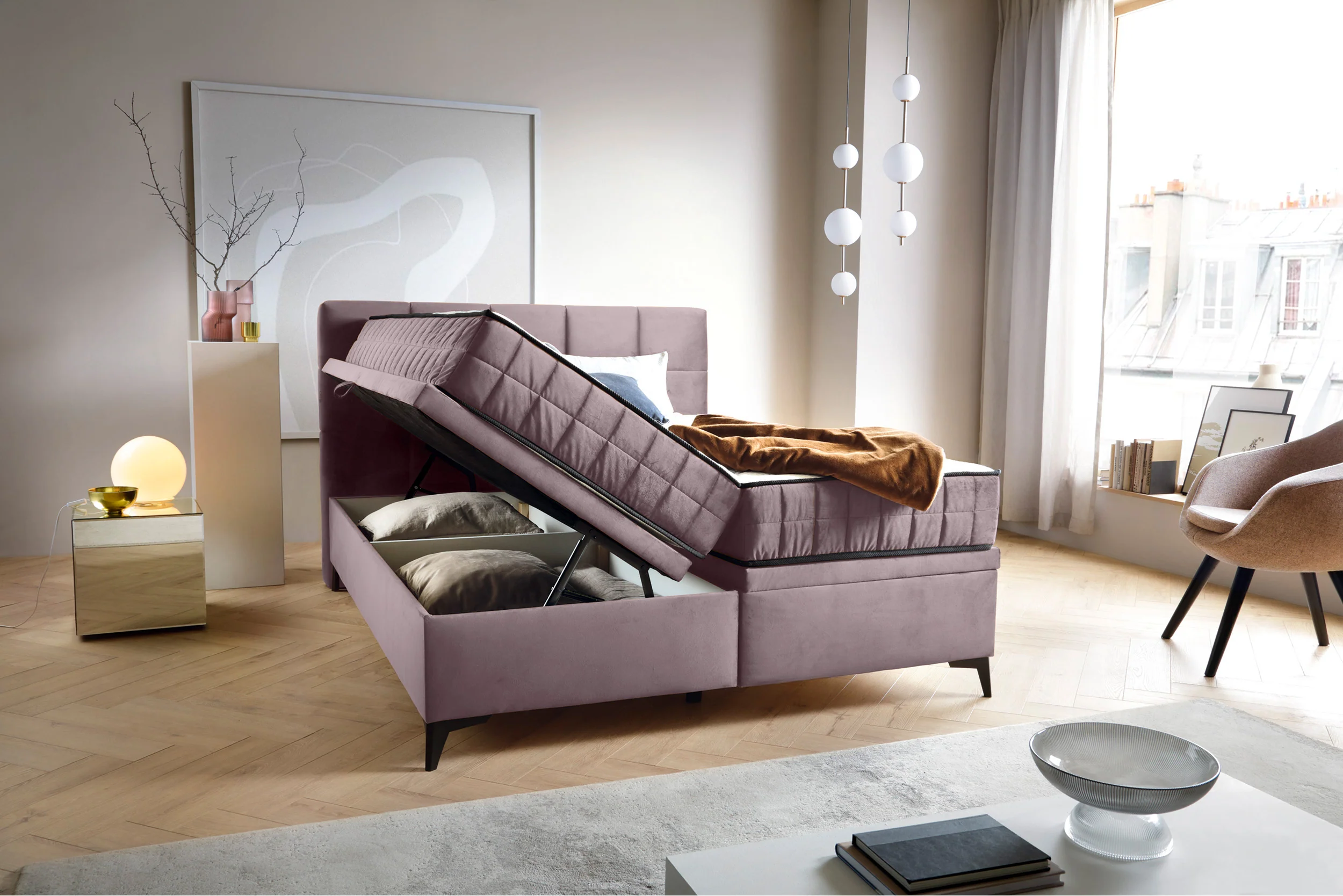Łóżko kontynentalne 160x200 cm Beriano z pojemnikami i materacem wrzosowe welur - Image 4