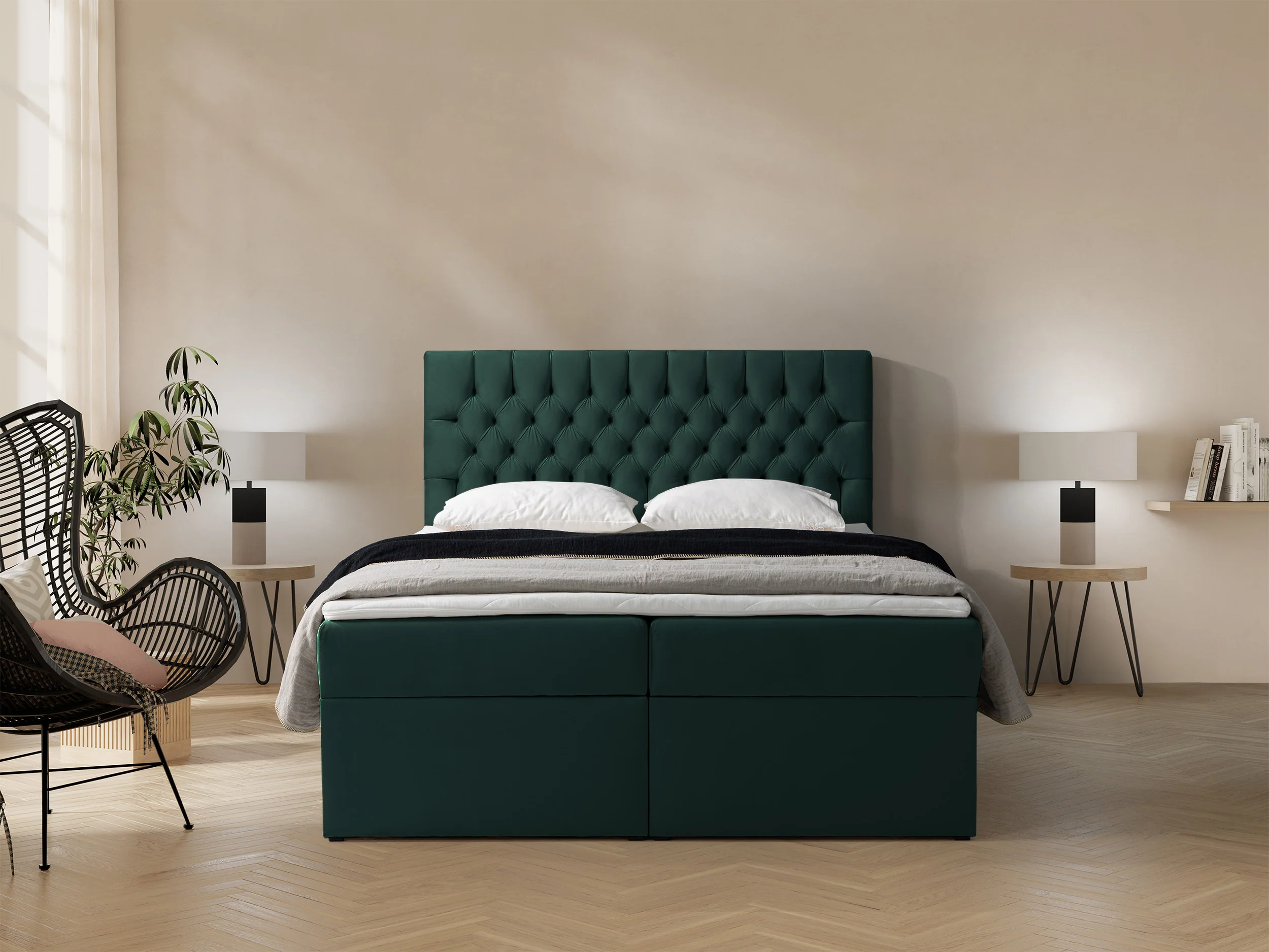 Łóżko kontynentalne 160x200 cm Daissy z pojemnikami i topperem butelkowa zieleń welur - Image 2
