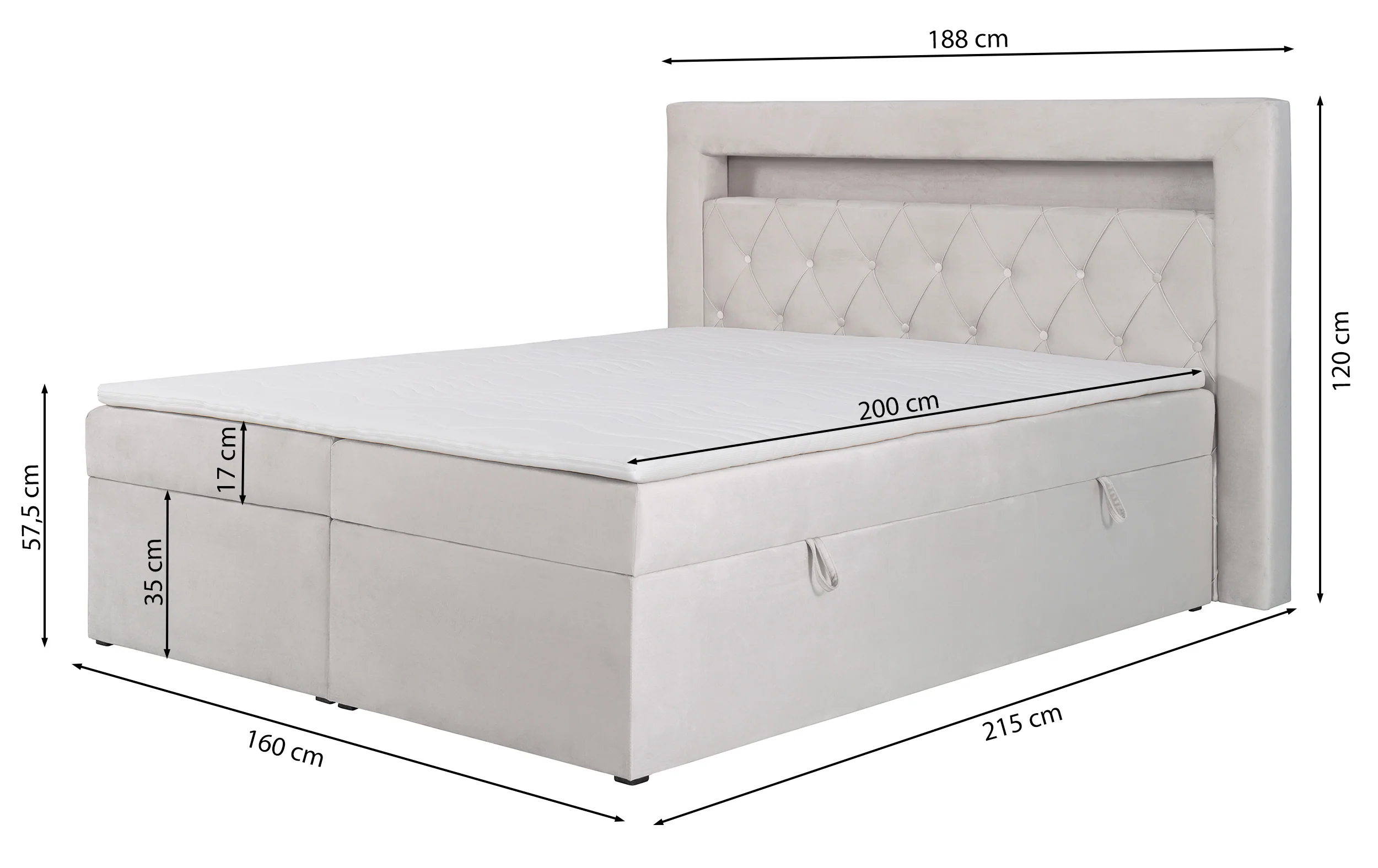 Łóżko kontynentalne 160x200 cm Goldess z pojemnikami i oświetleniem LED beżowe welwet - Image 9