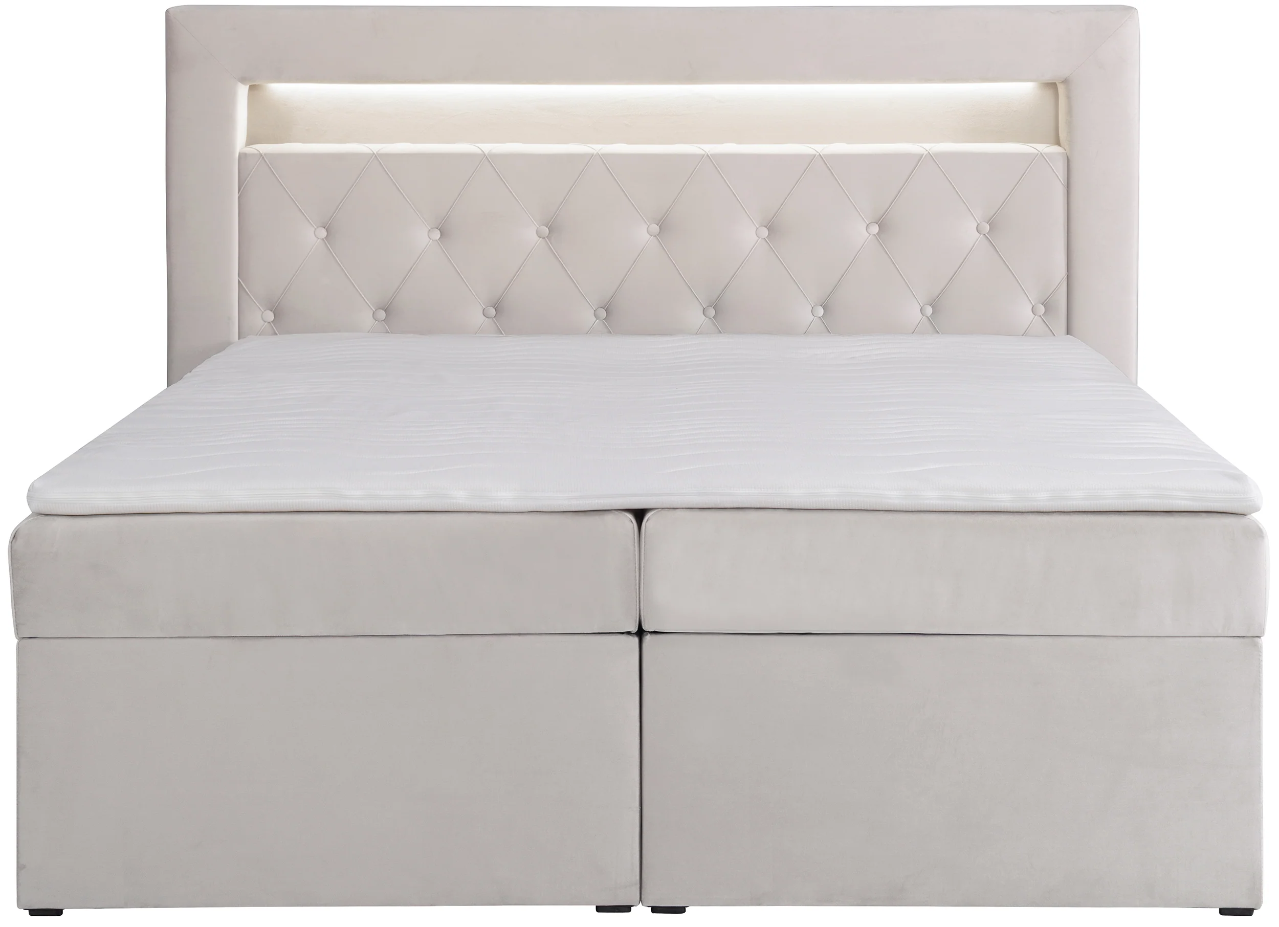 Łóżko kontynentalne 160x200 cm Goldess z pojemnikami i oświetleniem LED szarobeżowe welwet - Image 6