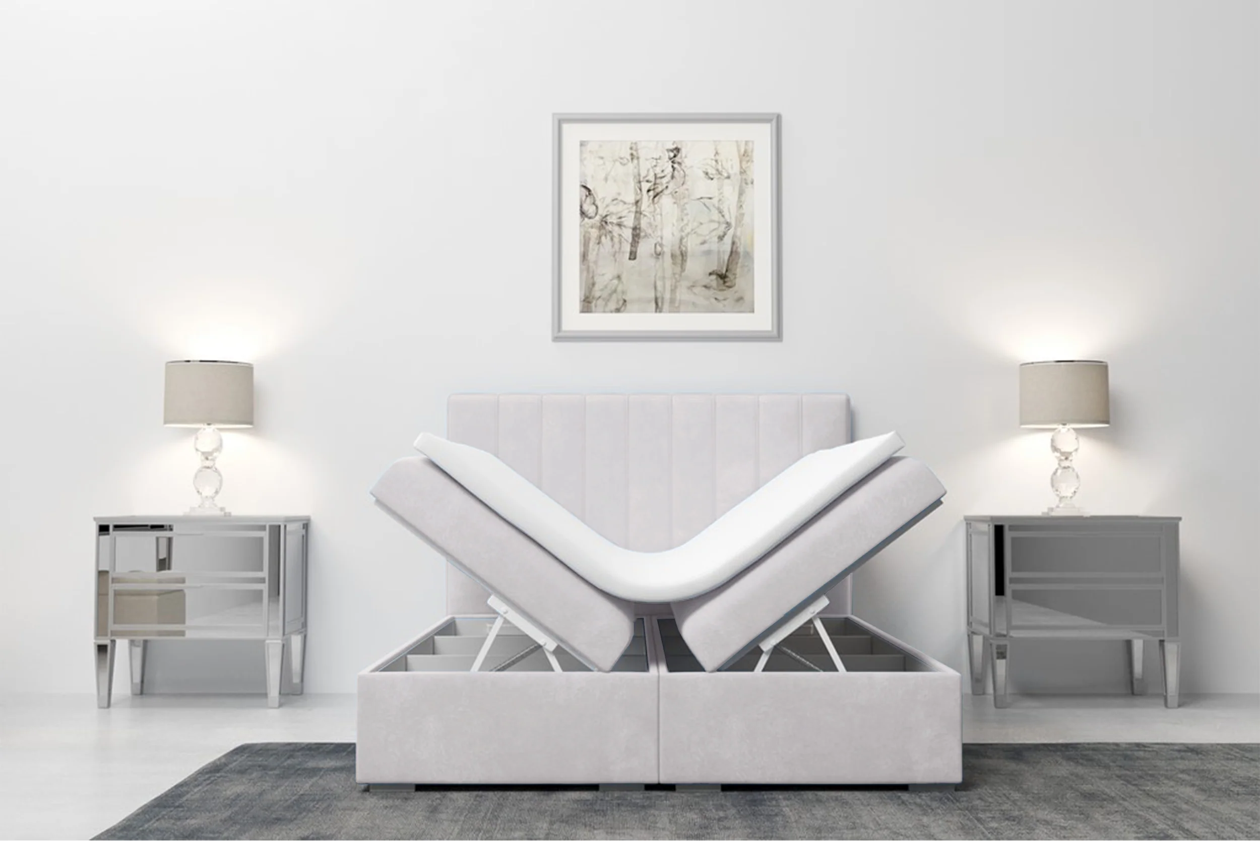 Łóżko kontynentalne 160x200 cm Hunbert z pojemnikami i topperem szarobeżowe welur hydrofobowy - Image 5