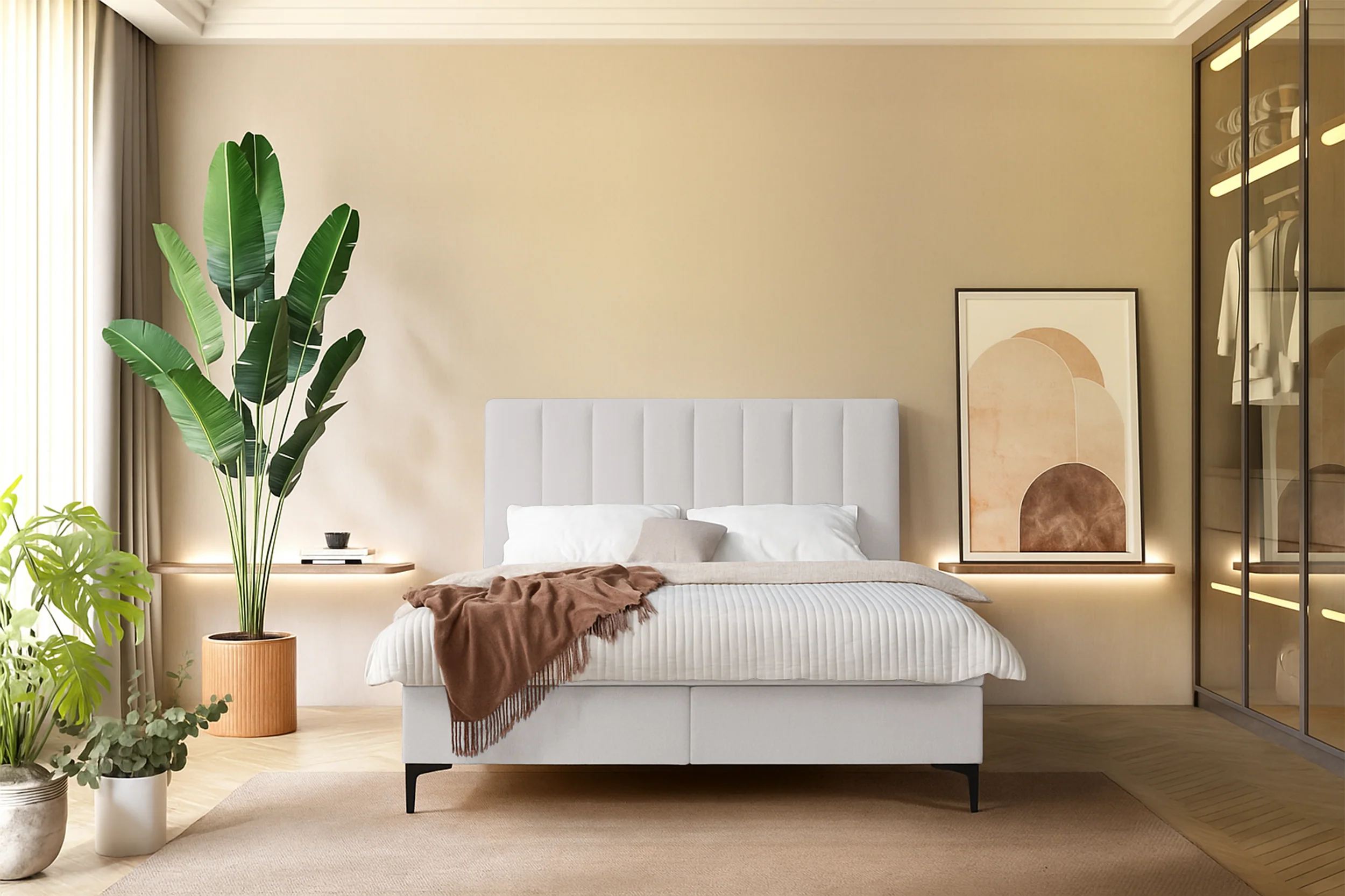 Łóżko kontynentalne 160x200 cm Lorentes z pojemnikiem i topperem jasnobeżowe plecionka - Image 2