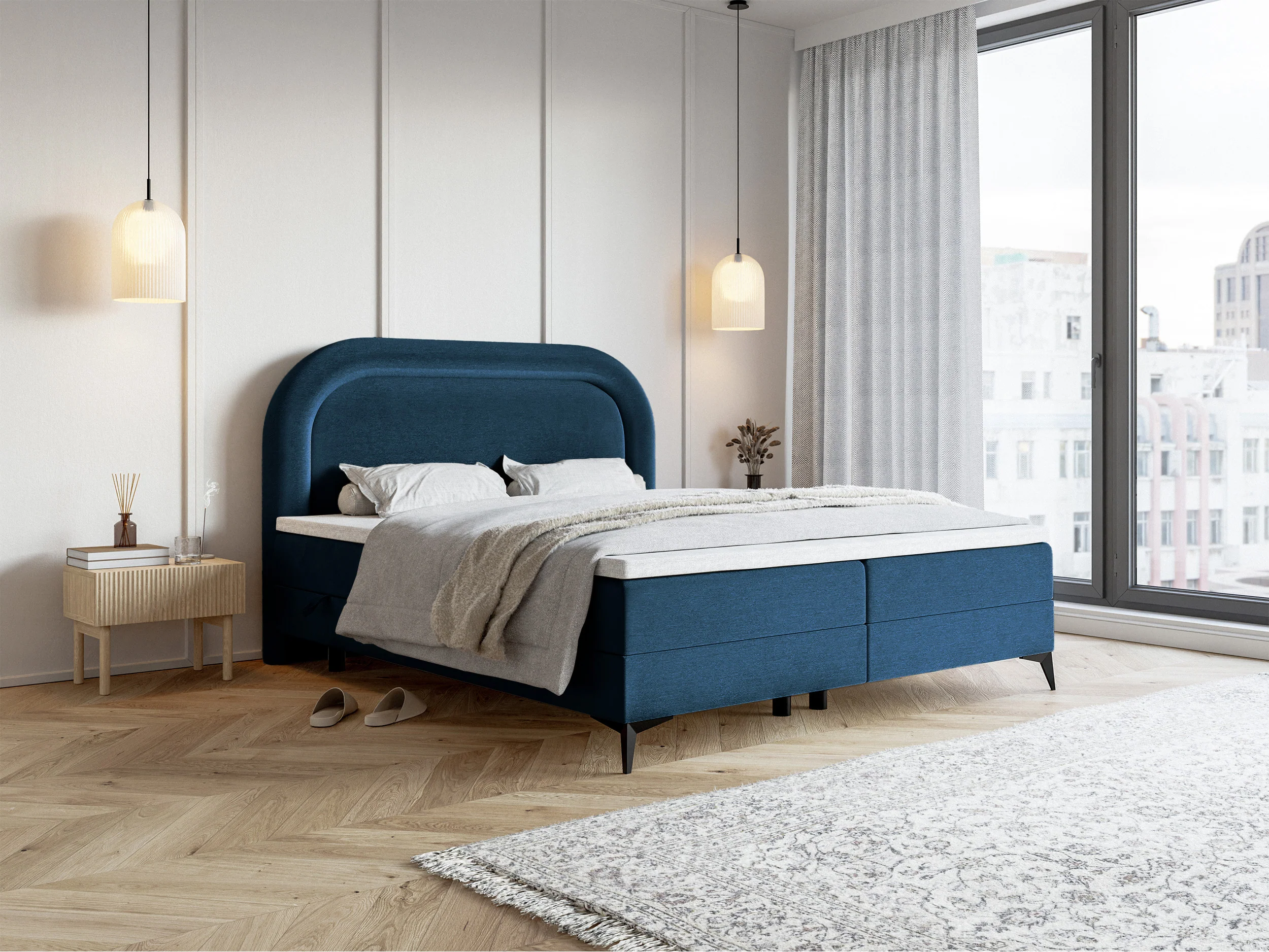 Łóżko kontynentalne 160x200 cm Loreo z topperem i pojemnikami granatowe welur hydrofobowy - Image 2