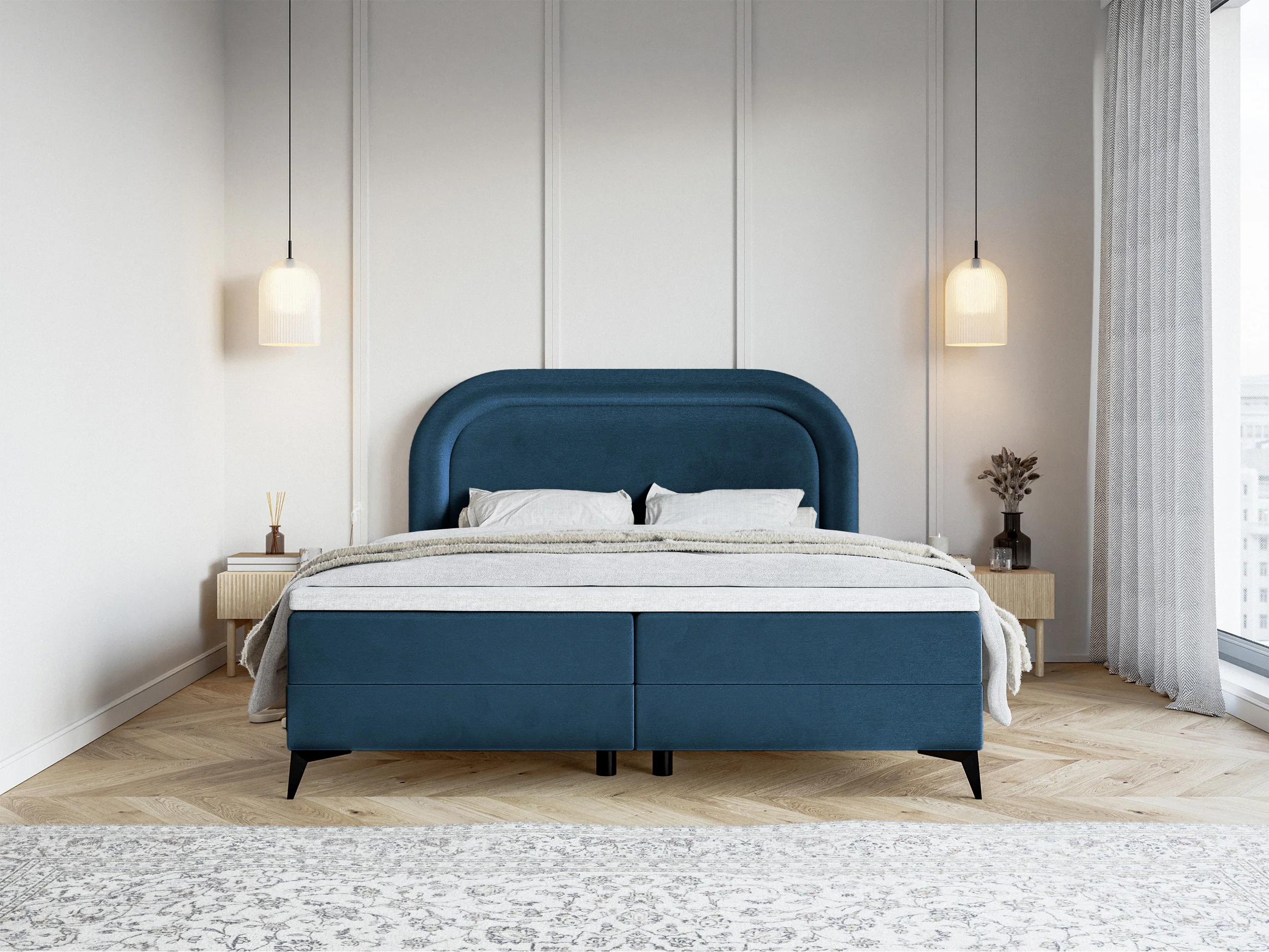 Łóżko kontynentalne 160x200 cm Loreo z topperem i pojemnikami granatowe welur hydrofobowy - Image 3