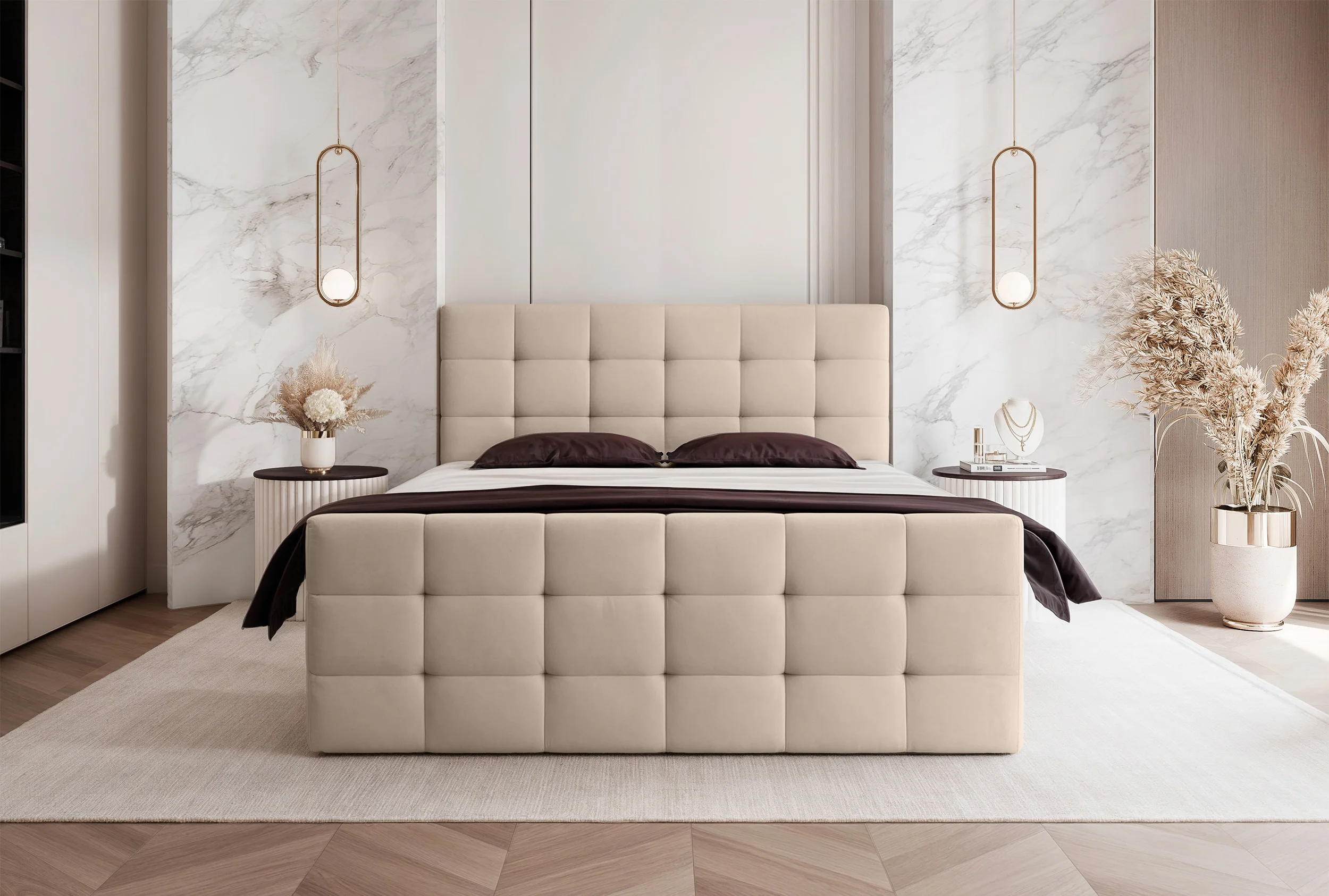 Łóżko kontynentalne 160x200 cm Padwa z pojemnikami i topperem beżowe welur - Image 2
