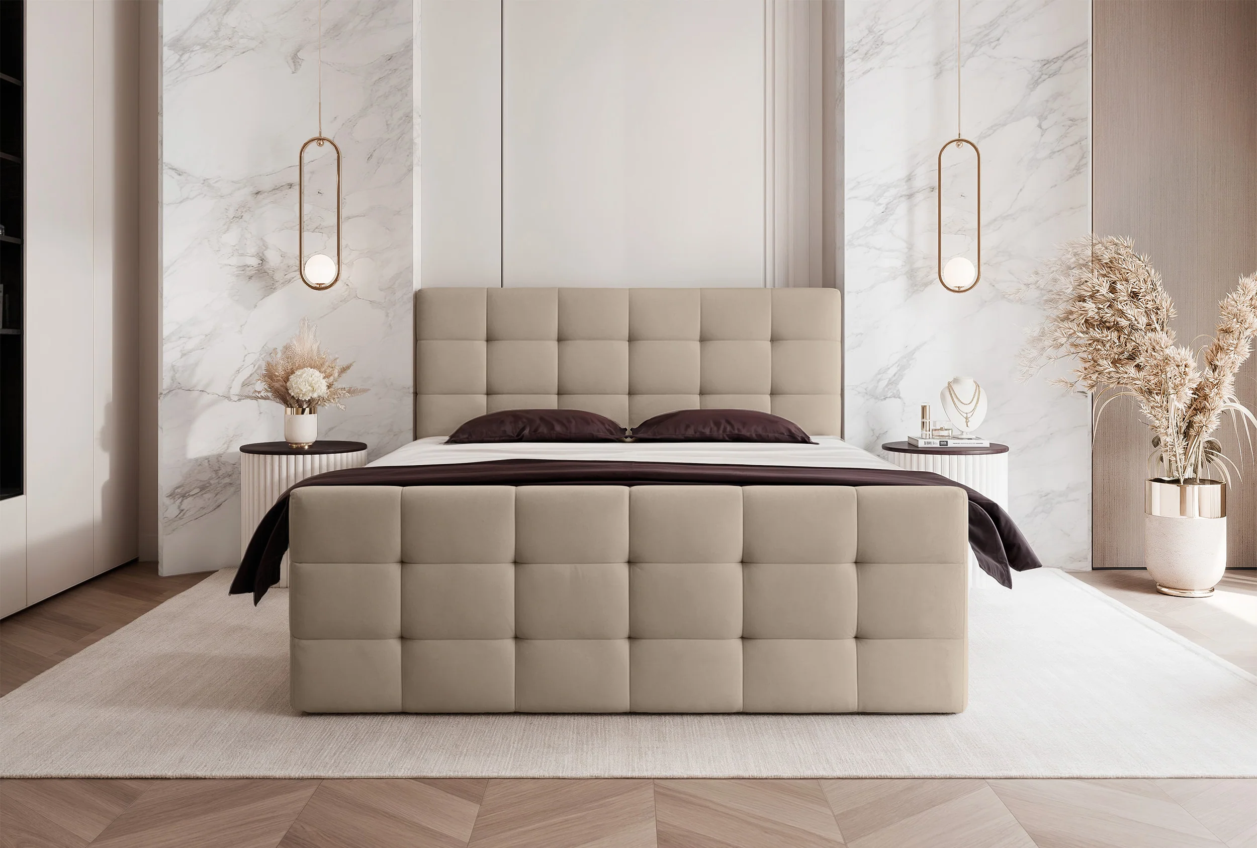Łóżko kontynentalne 160x200 cm Padwa z pojemnikami i topperem ciemnobeżowe welur - Image 2