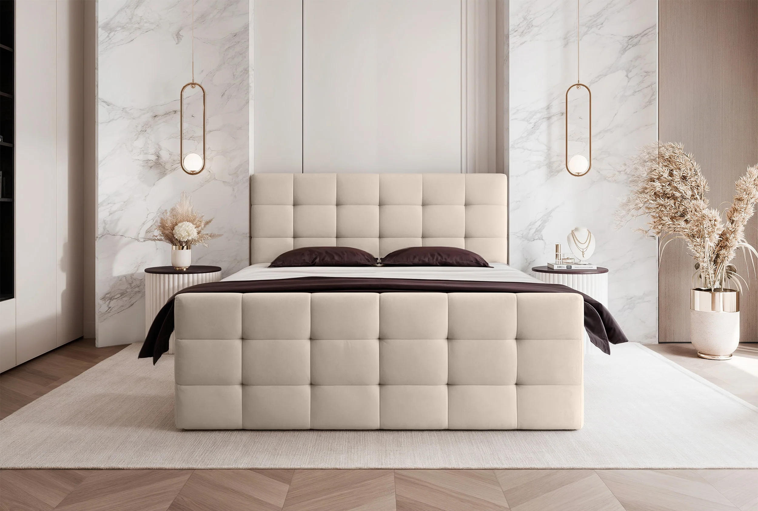 Łóżko kontynentalne 160x200 cm Padwa z pojemnikami i topperem jasnobeżowe welur - Image 2