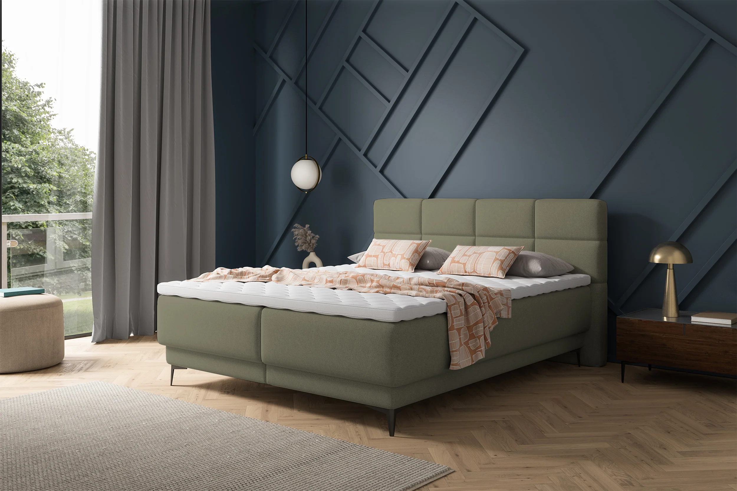 Łóżko kontynentalne 160x200 cm Rektango z pojemnikiem i topperem oliwkowy welur - Image 2