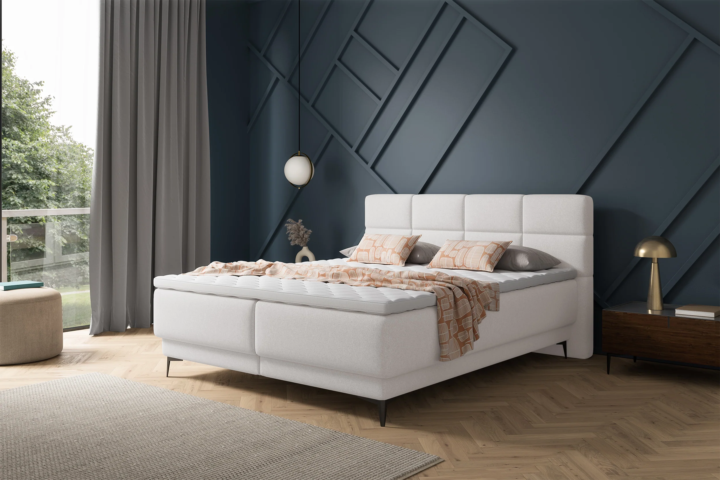 Łóżko kontynentalne 160x200 cm Rektango z pojemnikiem i topperem szary welur - Image 2