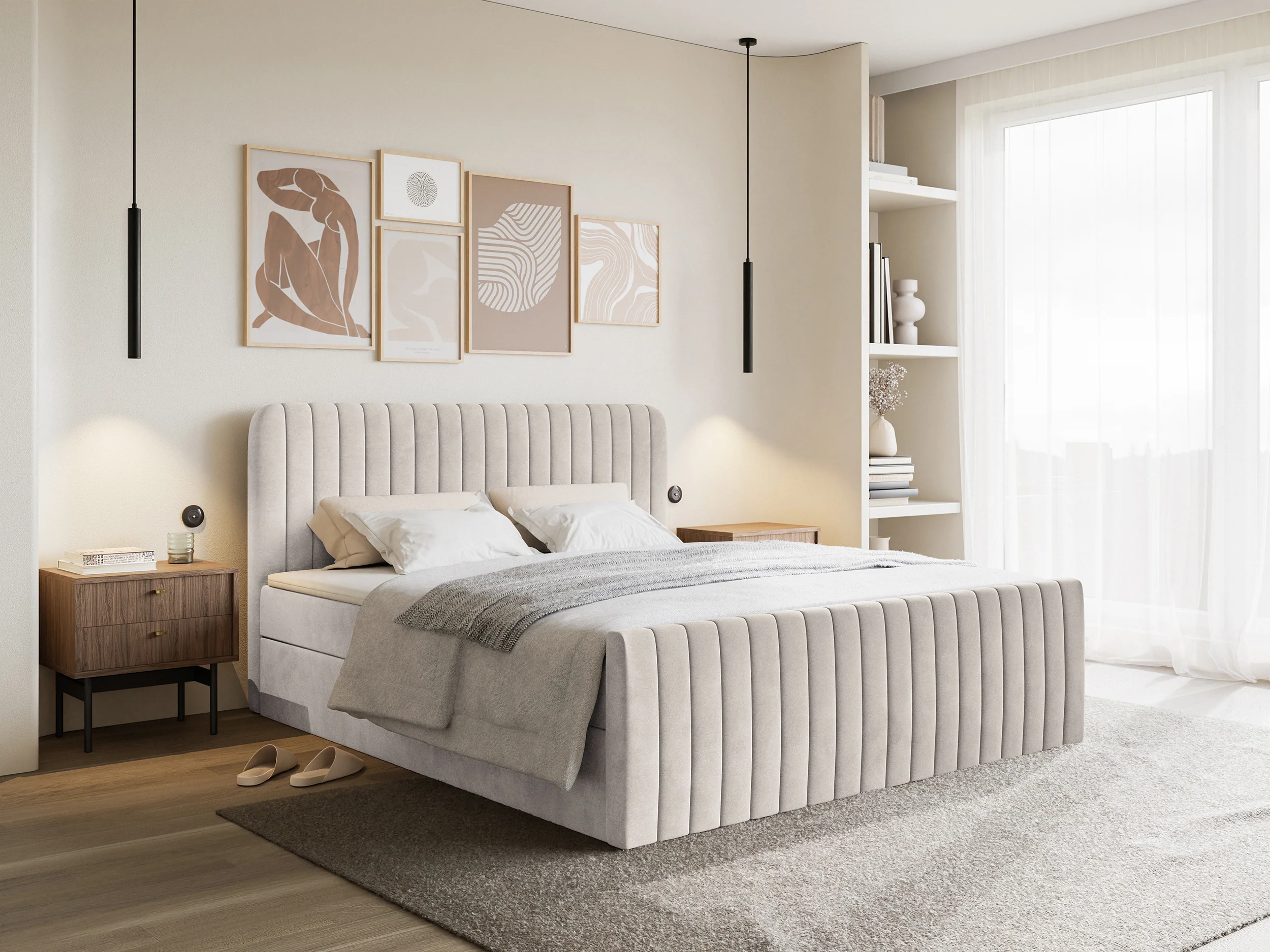 Łóżko kontynentalne 160x200 cm Saliano z pojemnikami i topperem beżowe welur - Image 2