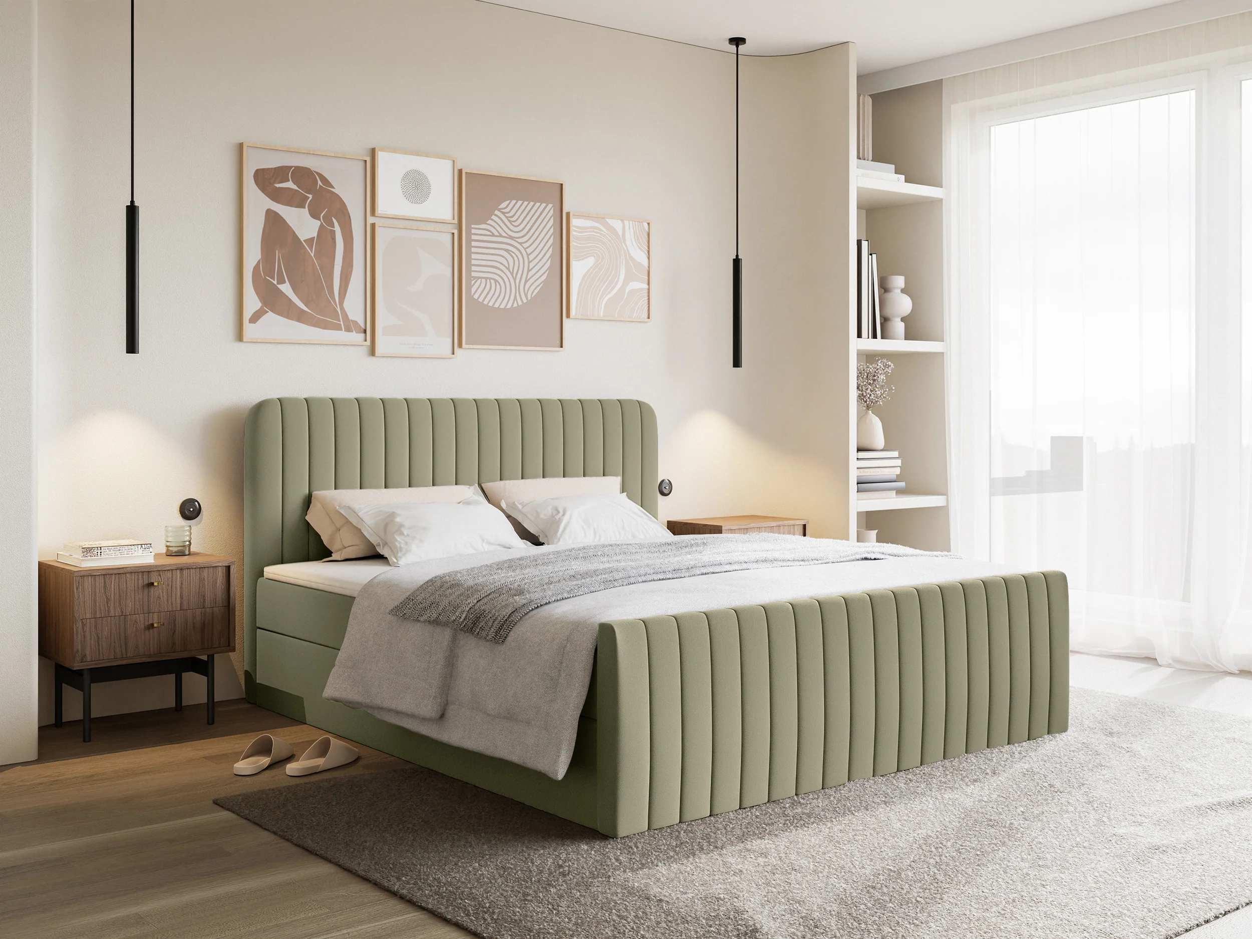 Łóżko kontynentalne 160x200 cm Saliano z pojemnikami i topperem oliwkowe szenil hydrofobowy - Image 2