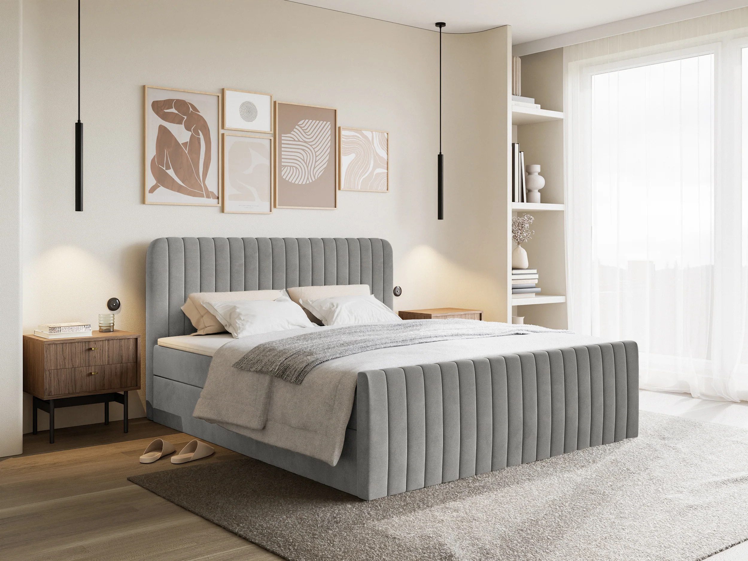 Łóżko kontynentalne 160x200 cm Saliano z pojemnikami i topperem szare welur - Image 2