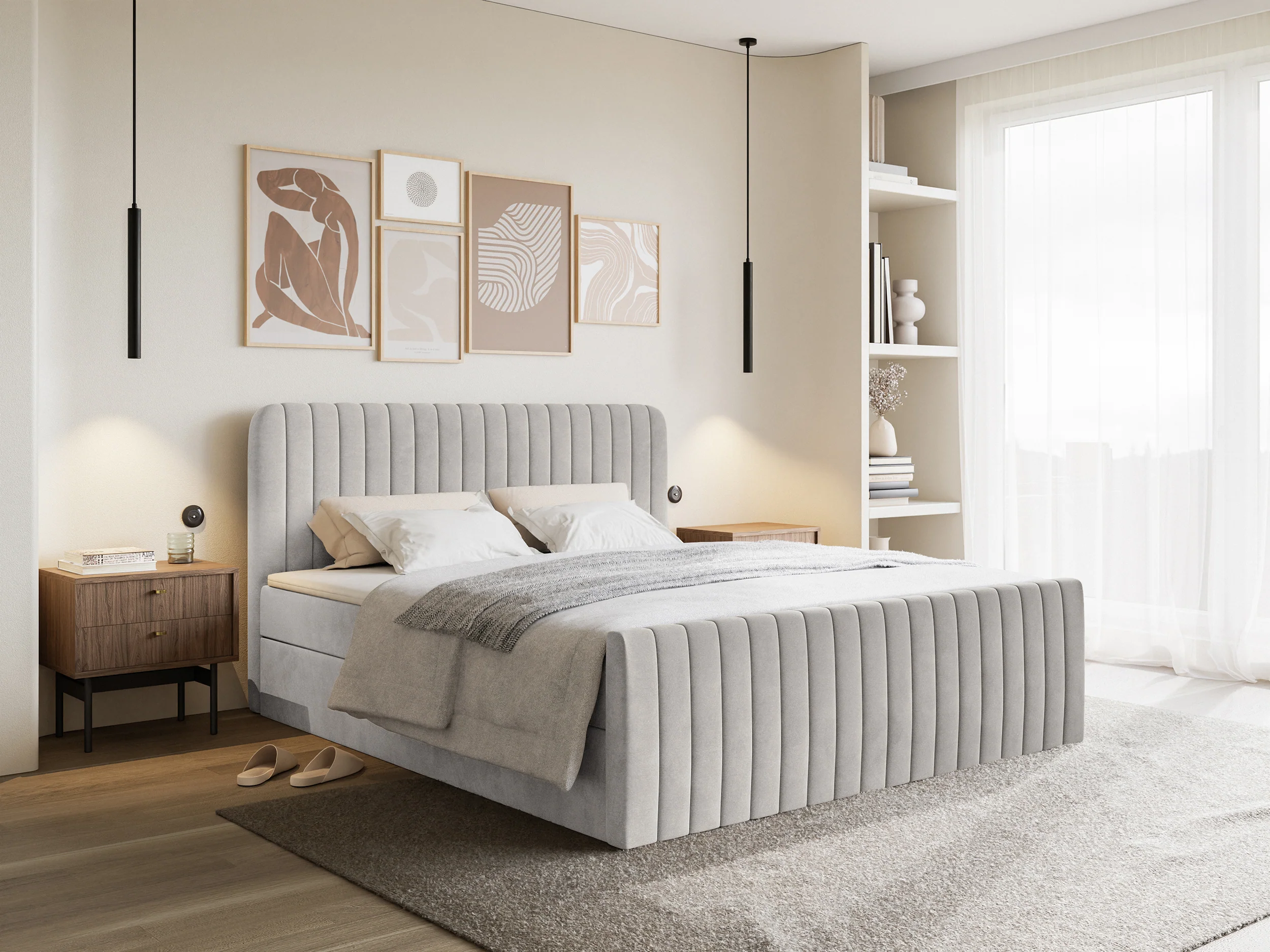 Łóżko kontynentalne 160x200 cm Saliano z pojemnikami i topperem szarobeżowe welur - Image 2