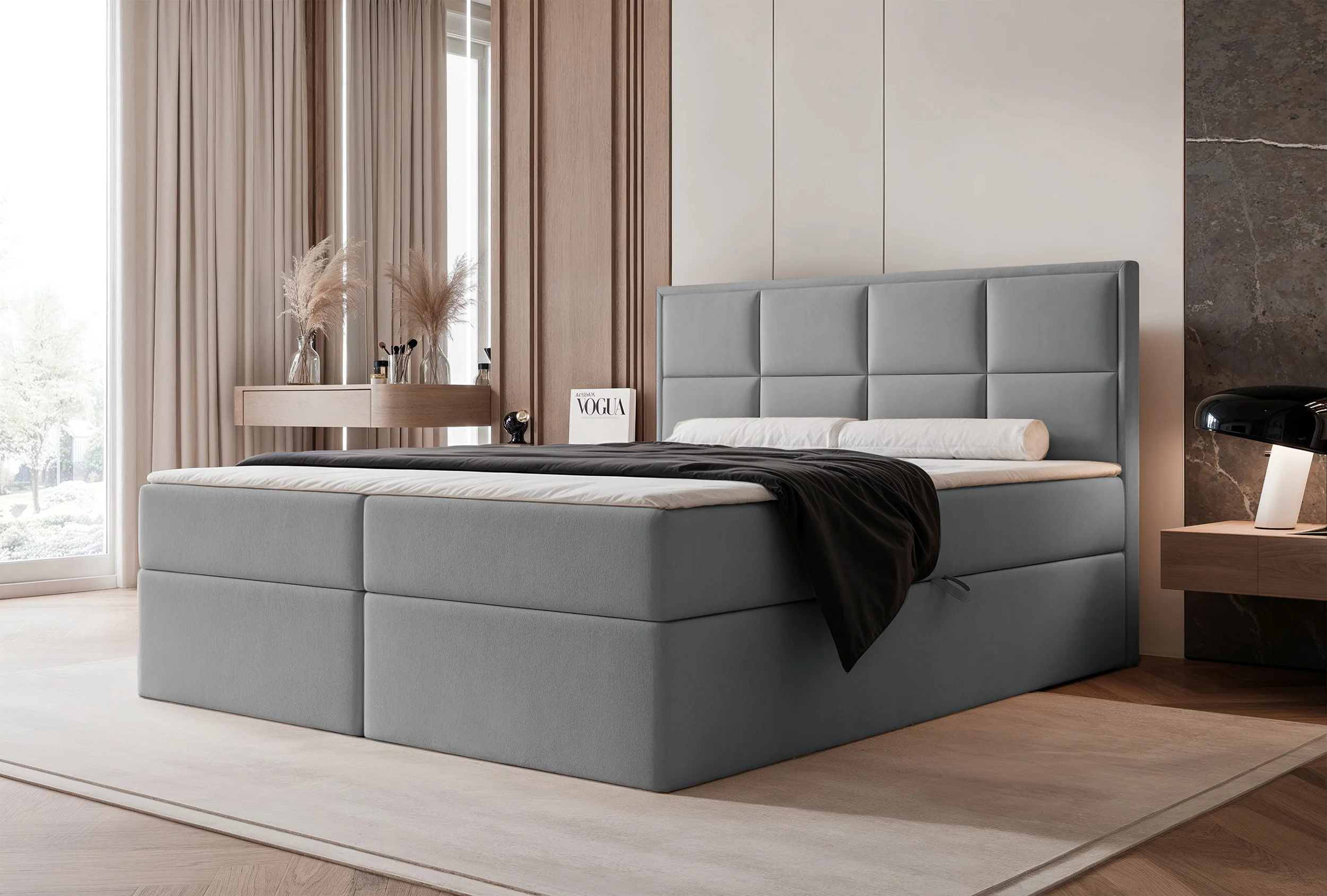 Łóżko kontynentalne 160x200 cm Silensio z materacem bonellowym i topperem szare welur hydrofobowy - Image 2