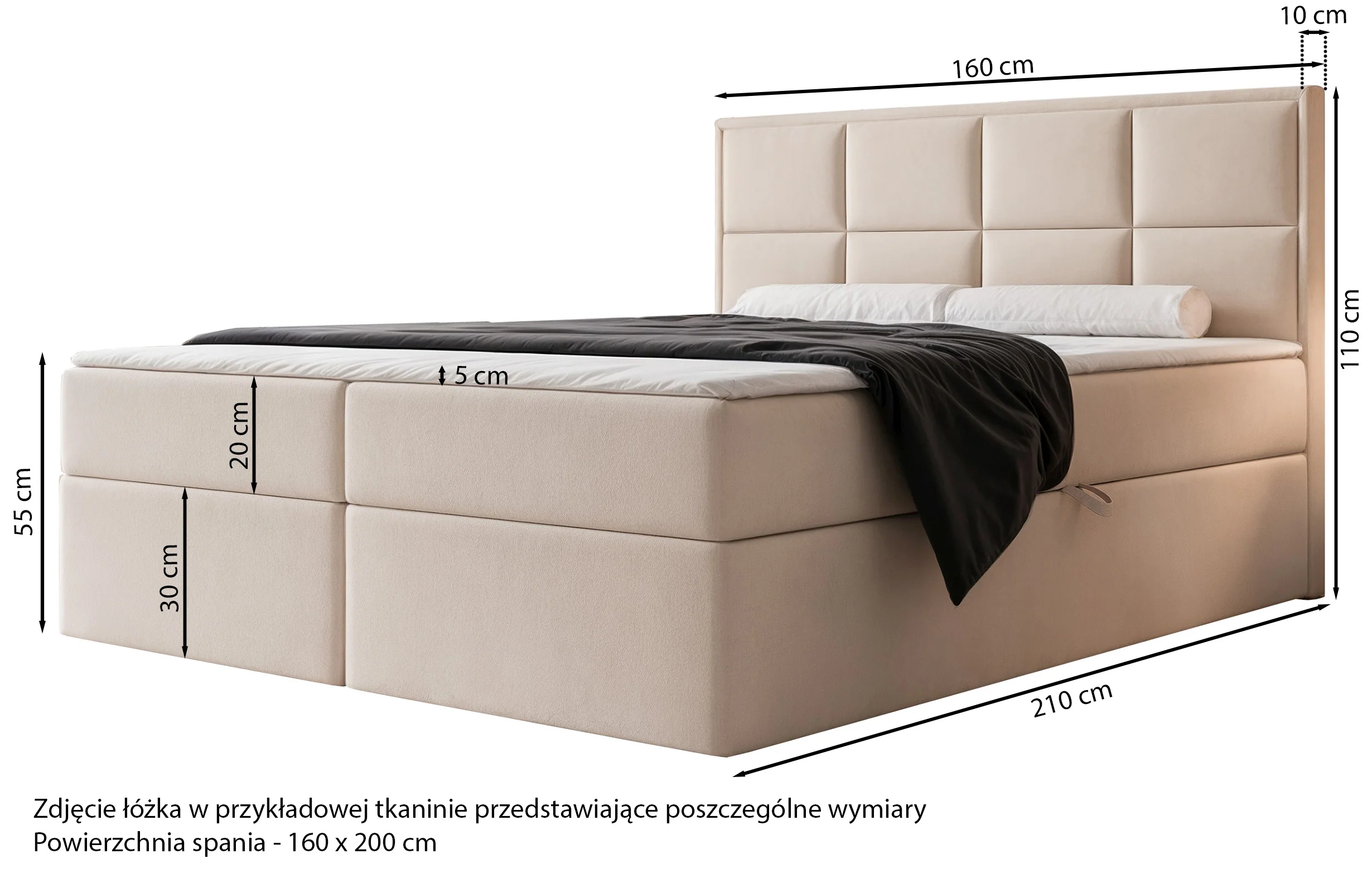 Łóżko kontynentalne 160x200 cm Silensio z materacem bonellowym i topperem szarobeżowe welur hydrofobowy - Image 4