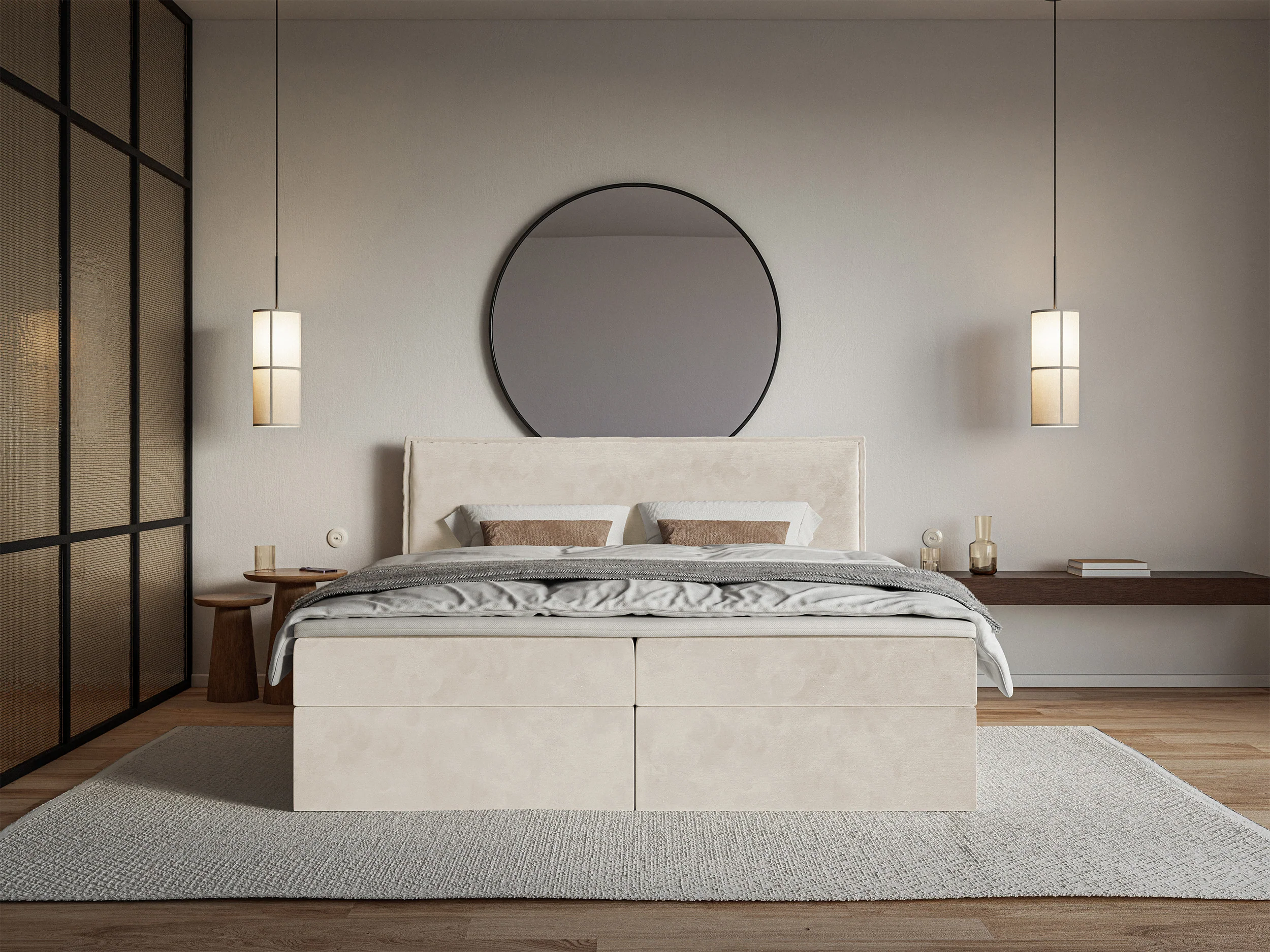 Łóżko kontynentalne 160x200 cm Softie z pojemnikami i topperem beżowe welur hydrofobowy - Image 3