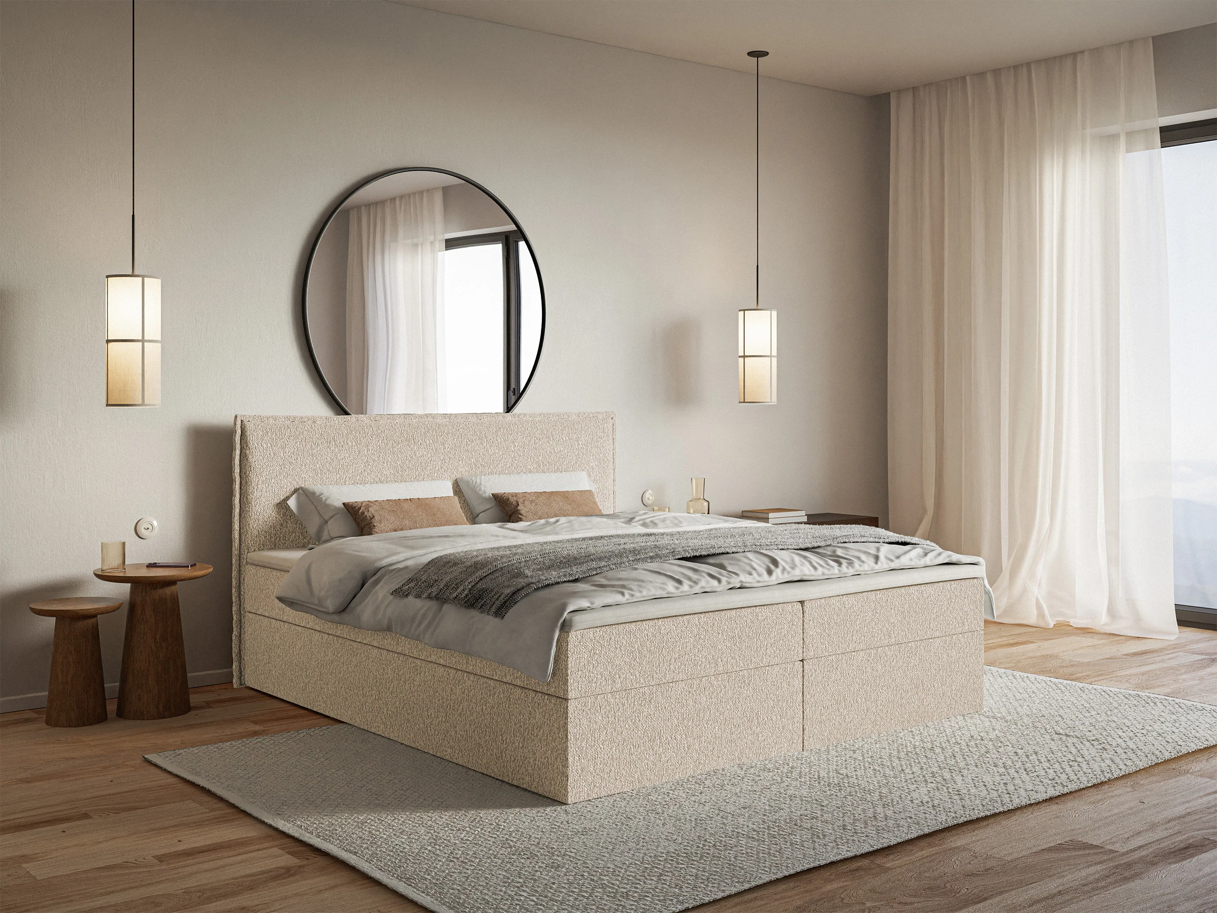 Łóżko kontynentalne 160x200 cm Softie z pojemnikami i topperem jasnobeżowe szenil - Image 2