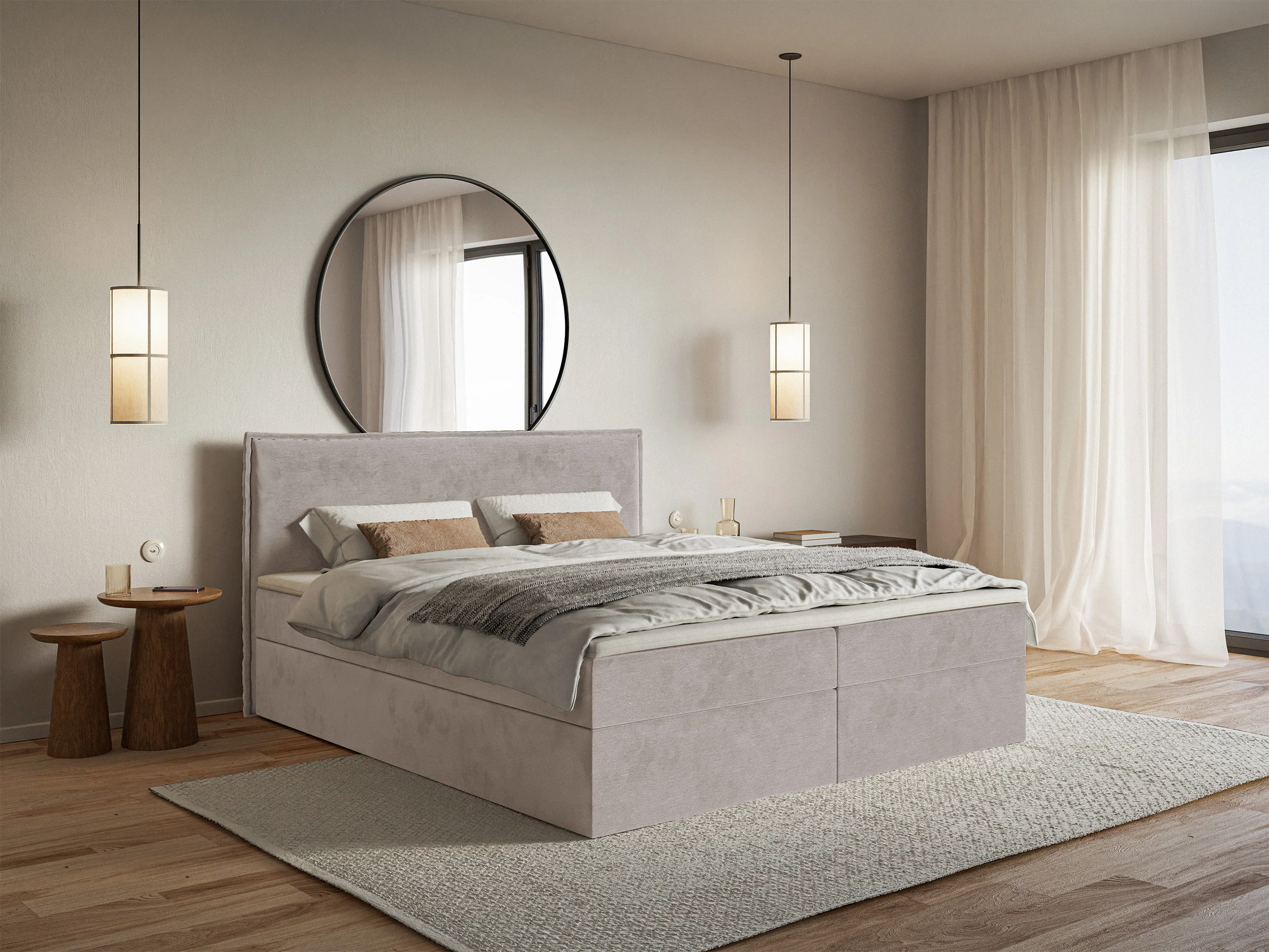 Łóżko kontynentalne 160x200 cm Softie z pojemnikami i topperem szarobrązowe welur hydrofobowy - Image 2