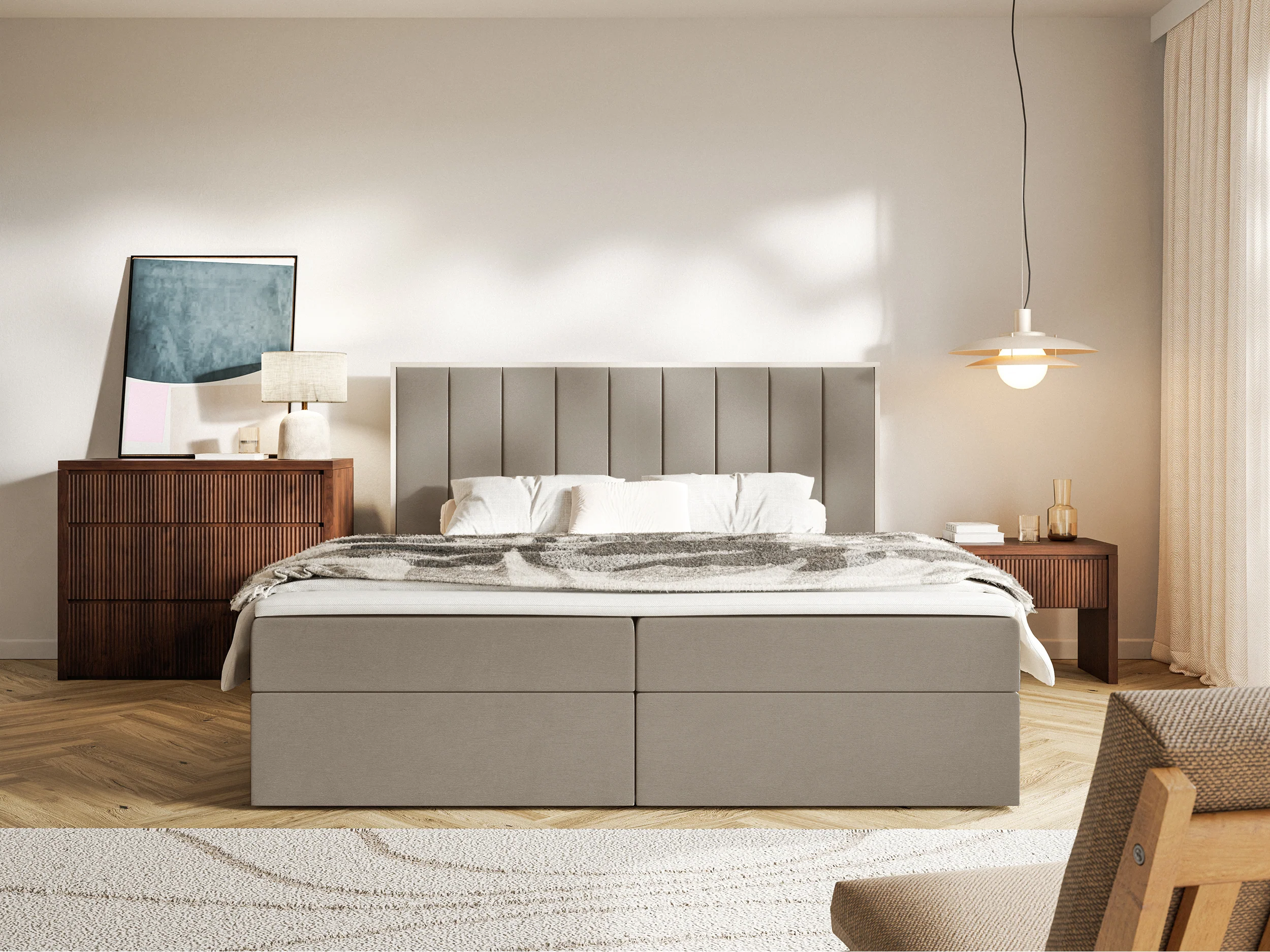 Łóżko kontynentalne 160x200 cm Togents z pojemnikami i topperem brązowe welur hydrofobowy - Image 3
