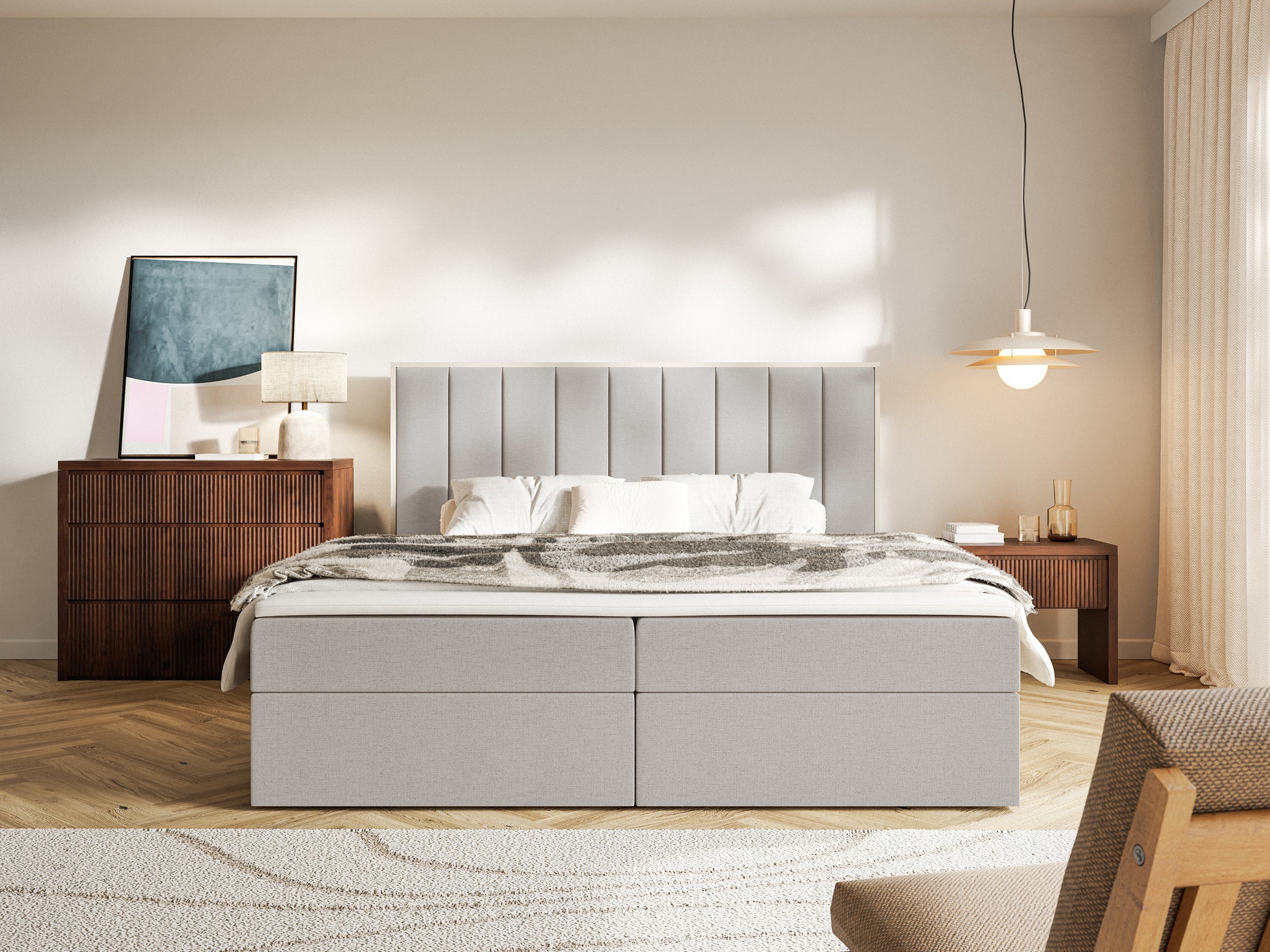 Łóżko kontynentalne 160x200 cm Togents z pojemnikami i topperem szarobeżowe szenil hydrofobowy - Image 3