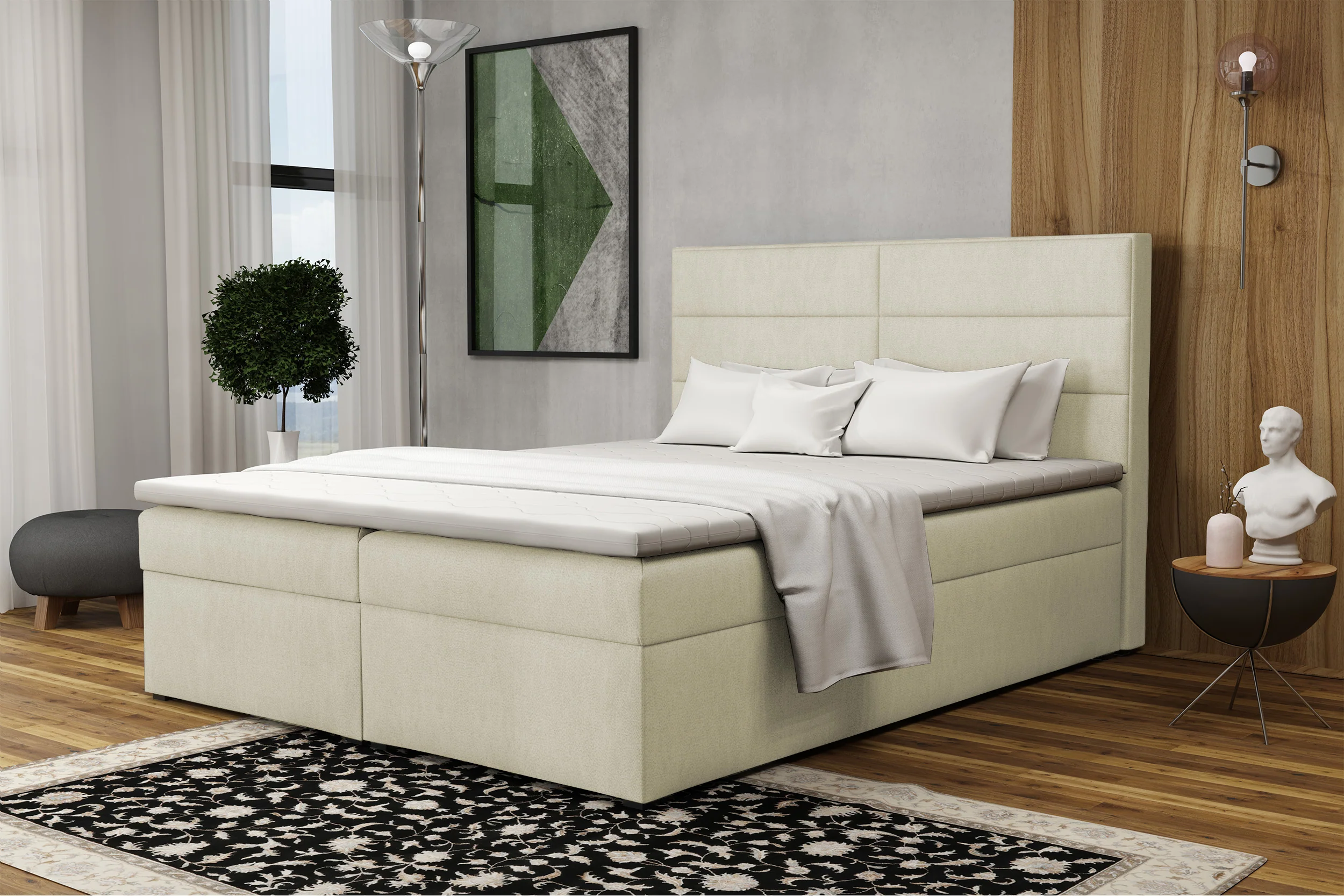 Łóżko kontynentalne 160x200 cm Valdamone z pojemnikami i topperem beżowe welur łatwoczyszczący - Image 2