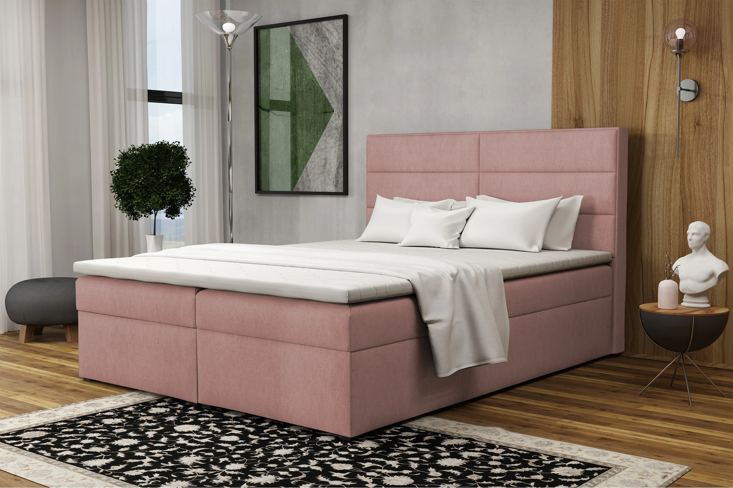 Łóżko kontynentalne 160x200 cm Valdamone z pojemnikami i topperem ciemnoróżowe welur łatwoczyszczący - Image 2