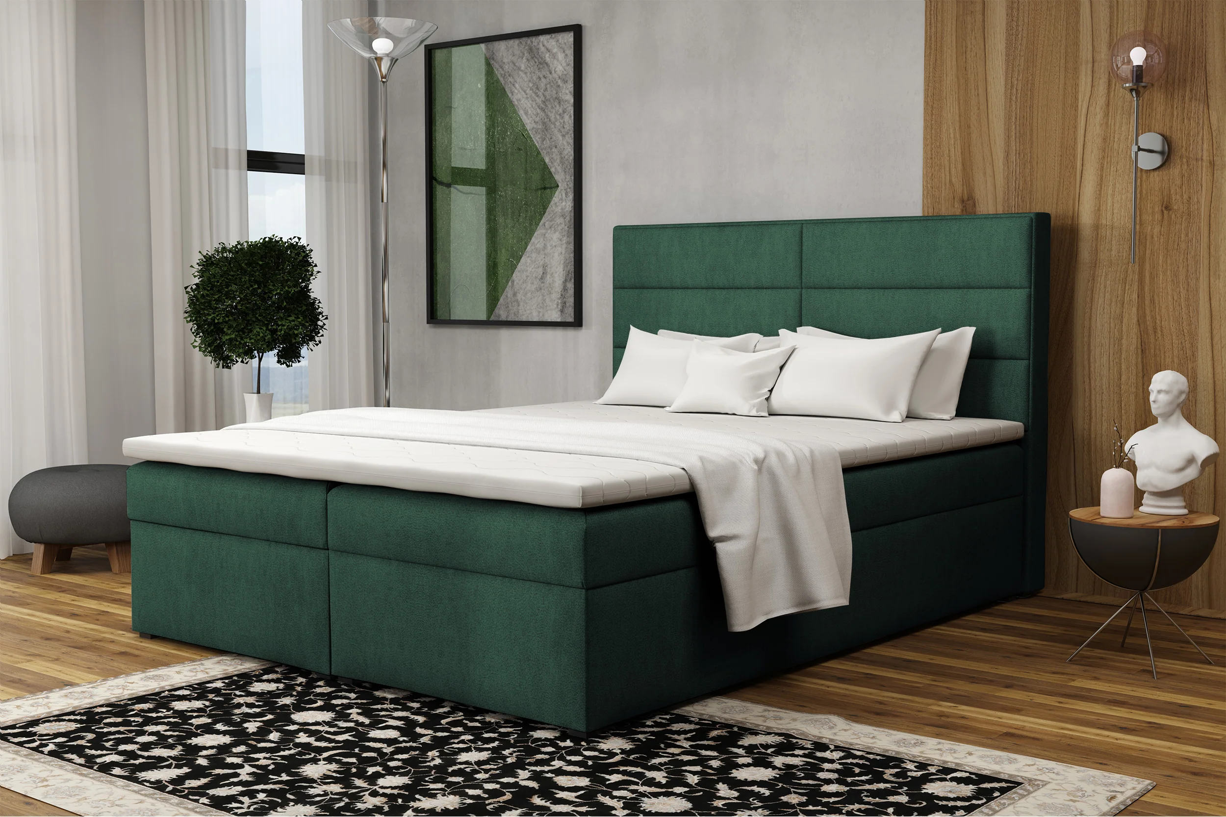 Łóżko kontynentalne 160x200 cm Valdamone z pojemnikami i topperem ciemnozielone welur łatwoczyszczący - Image 2