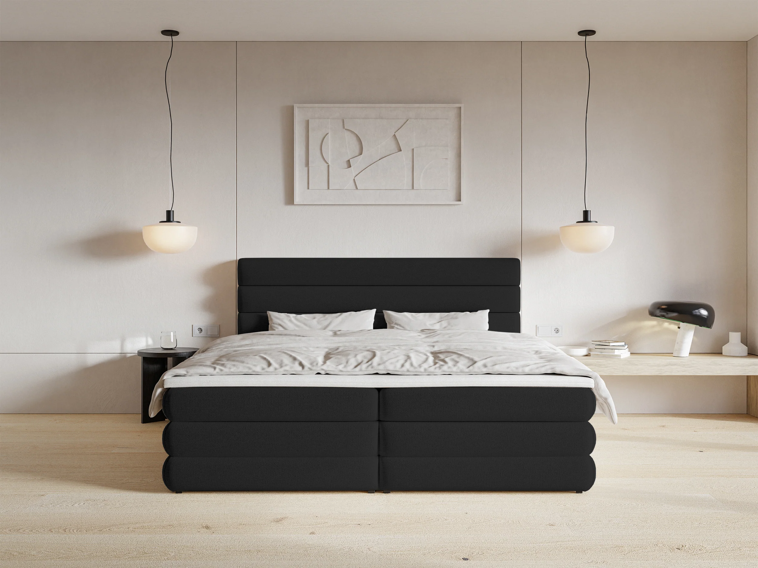 Łóżko kontynentalne 180x200 cm Alegre z topperem i dwoma pojemnikami czarne szenil hydrofobowy - Image 3