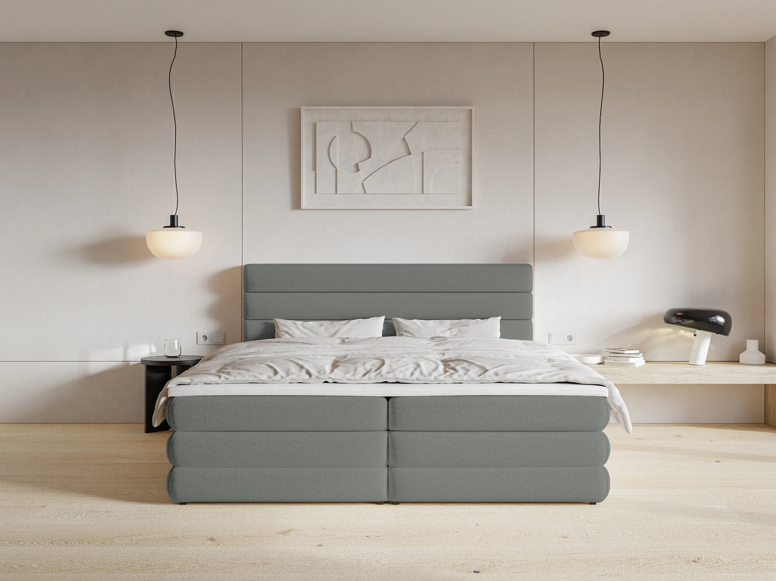 Łóżko kontynentalne 180x200 cm Alegre z topperem i dwoma pojemnikami szare szenil hydrofobowy - Image 3