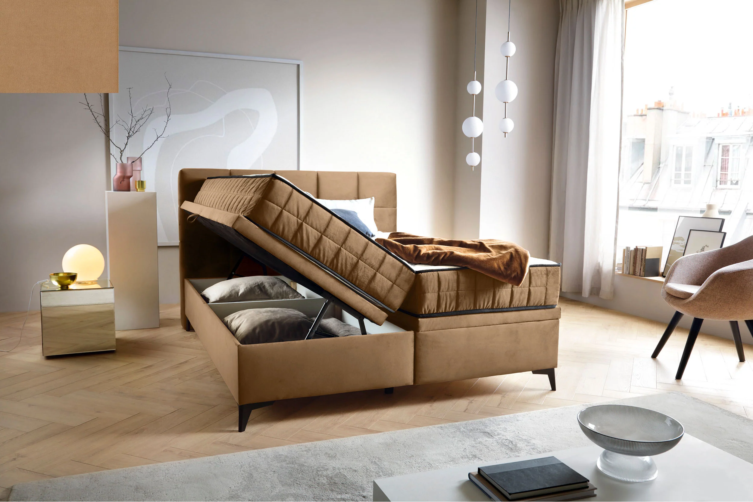 Łóżko kontynentalne 180x200 cm Beriano z pojemnikami i materacem beżowe welur - Image 4